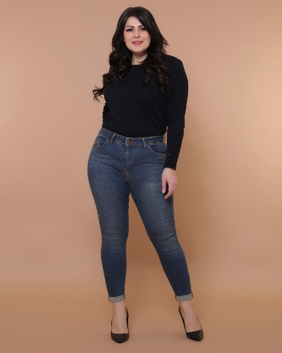 Duble Paça Skinny Kısa Boy Kot Pantolon - Koyu Tintli Kot - (30-36) - 4