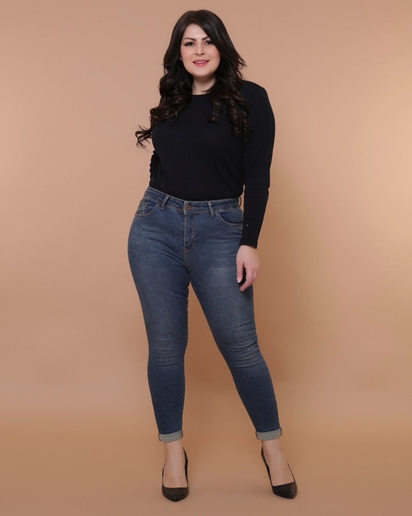 Duble Paça Skinny Kısa Boy Kot Pantolon Koyu Tintli Kot