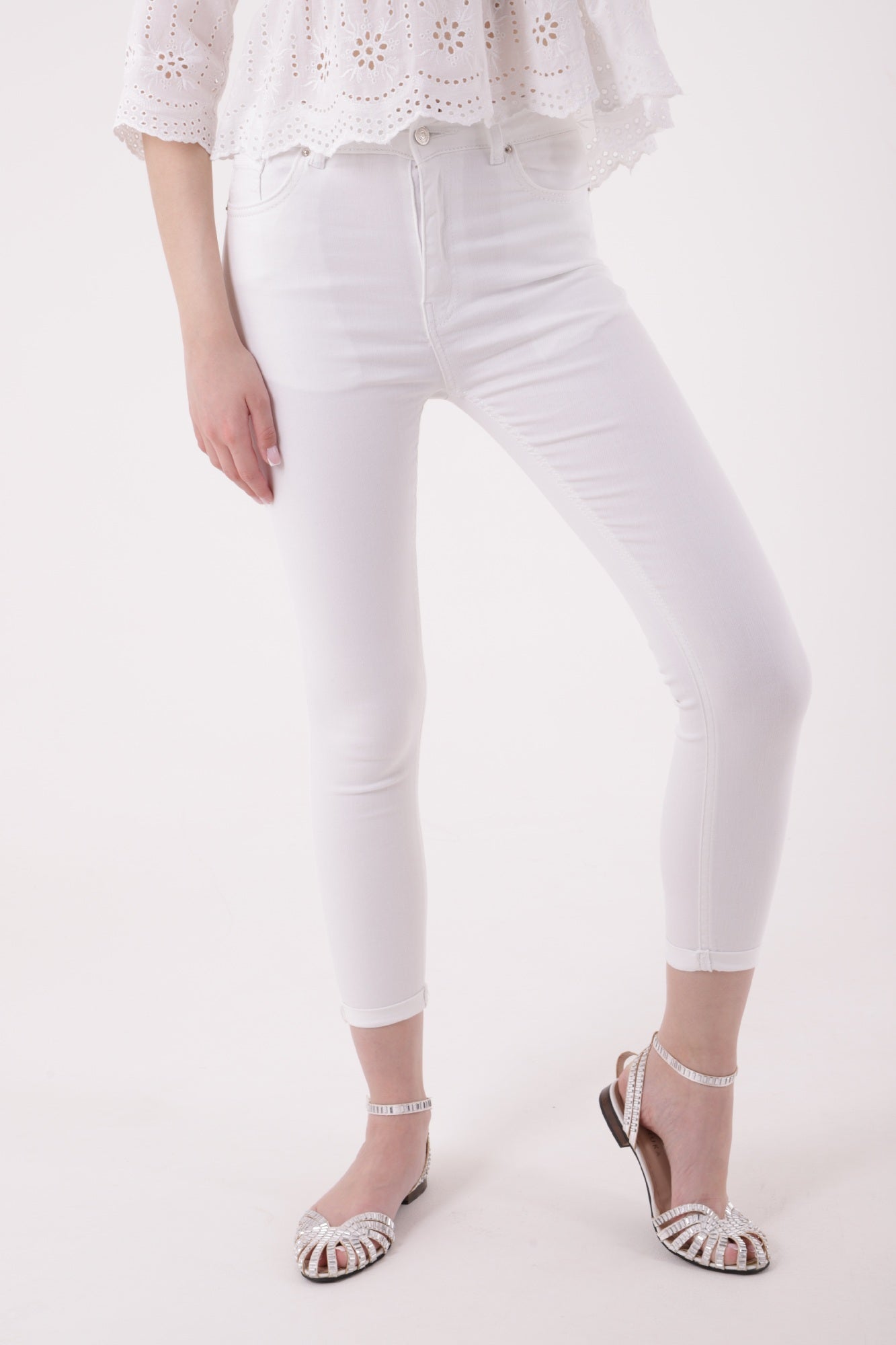 Duble Paça Skinny Kısa Boy Kot Pantolon - Beyaz - (26-31) - 2