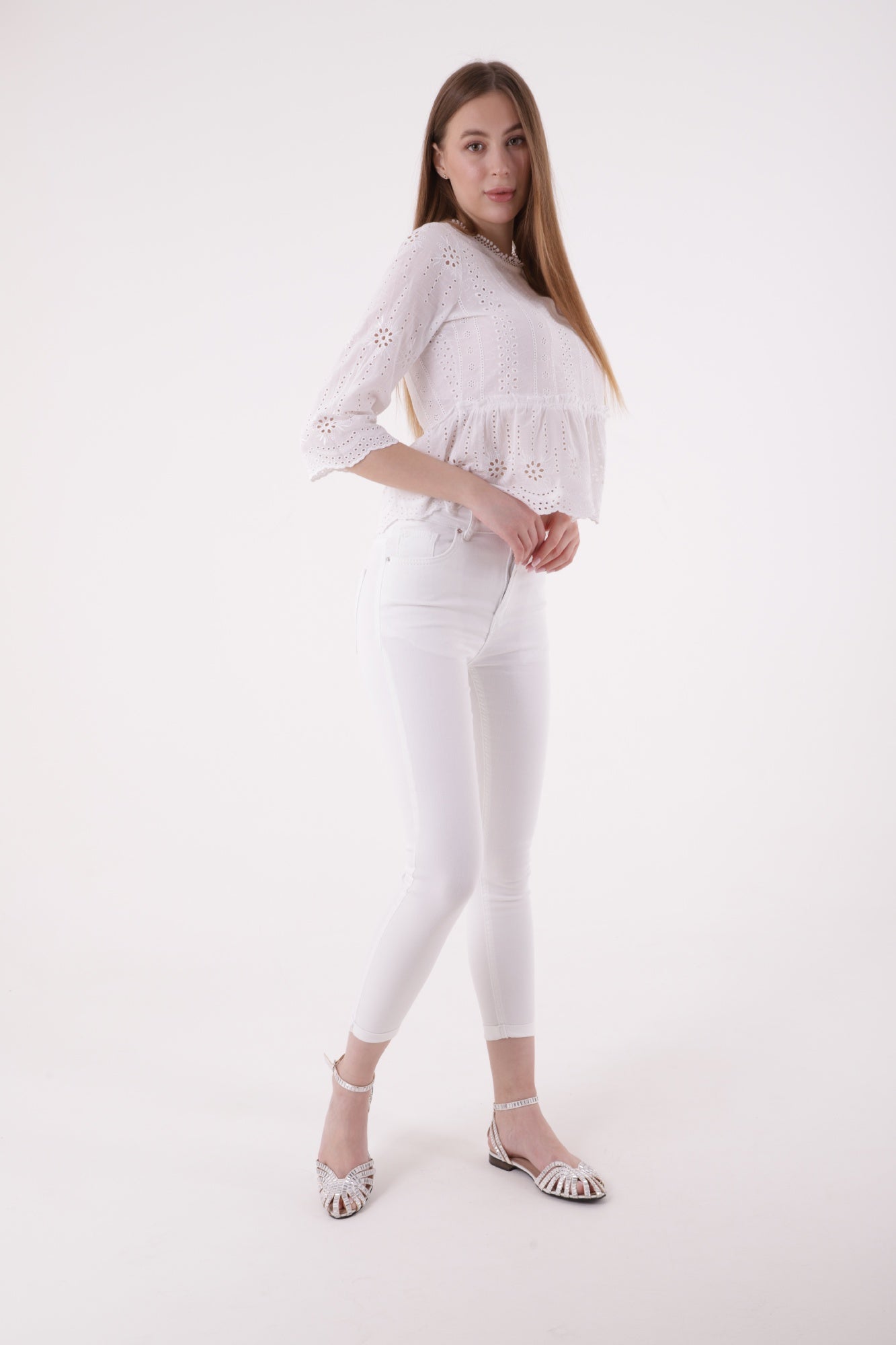 Duble Paça Skinny Kısa Boy Kot Pantolon - Beyaz - (28-33) - 4
