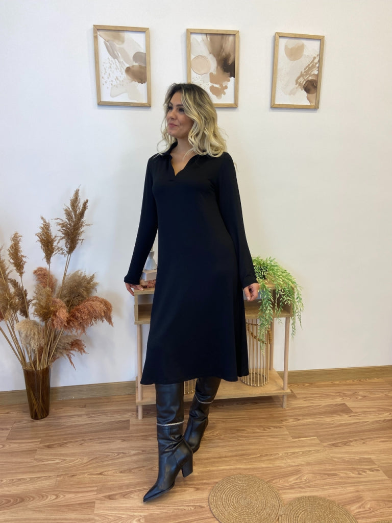 Kadın Uzun Kollu Yakalı Midi Viskon Iki Iplik Elbise, 28777