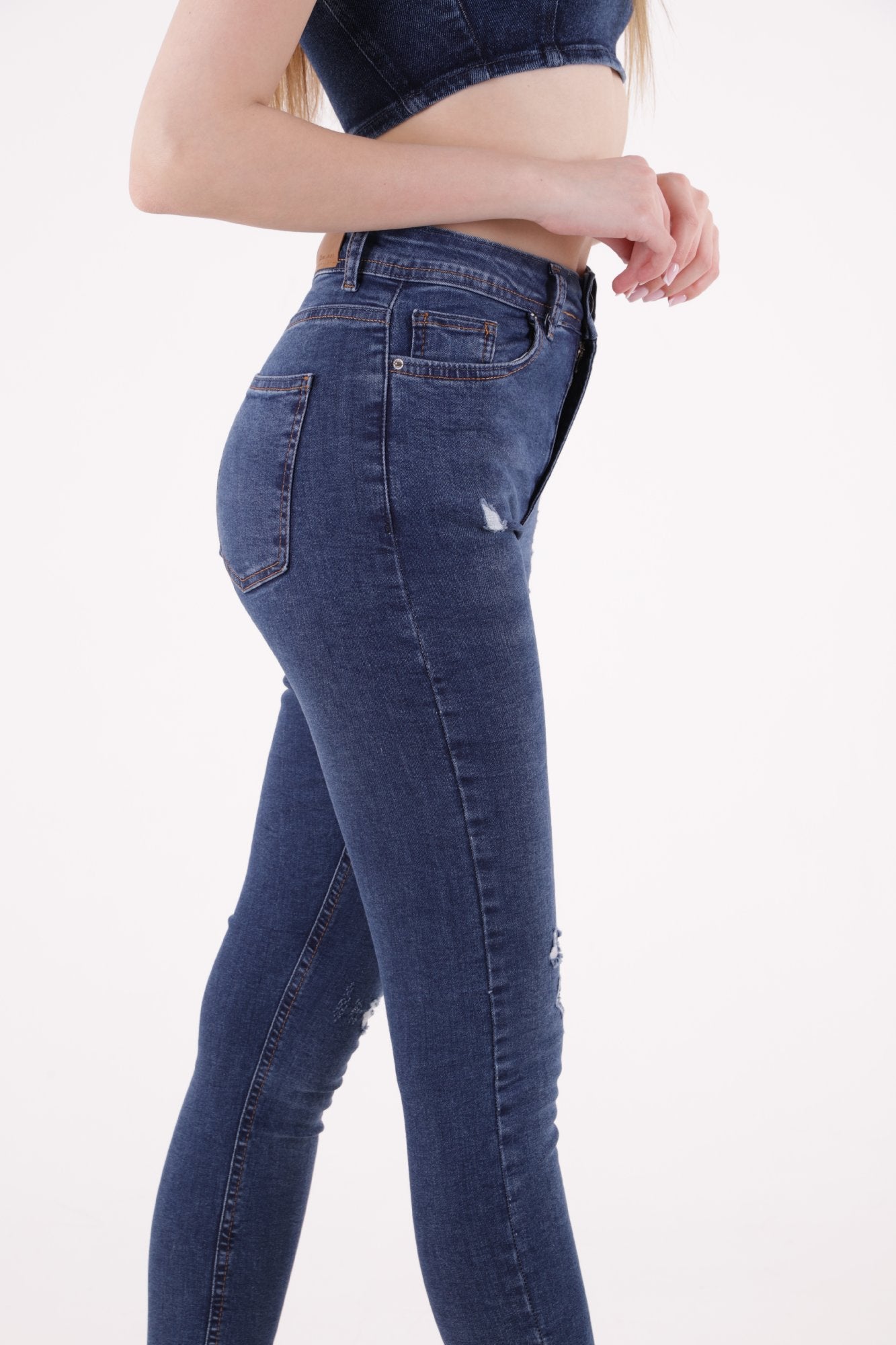 Az Yırtıklı Skinny Kot Pantolon - Koyu Mavi Kot - (26-31) - 4