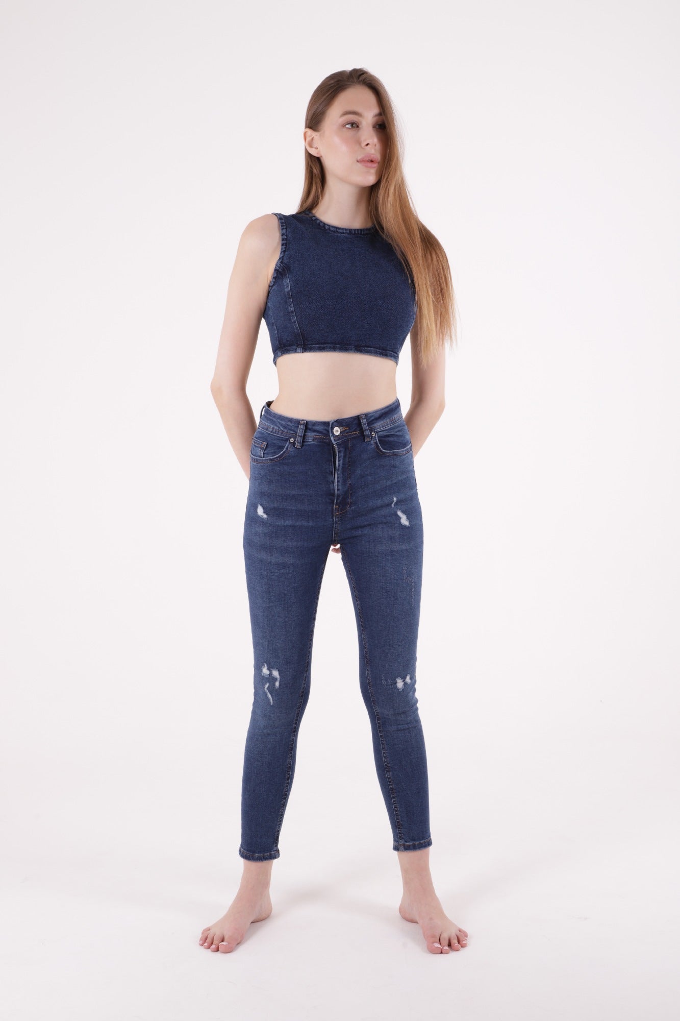 Az Yırtıklı Skinny Kot Pantolon Koyu Mavi Kot