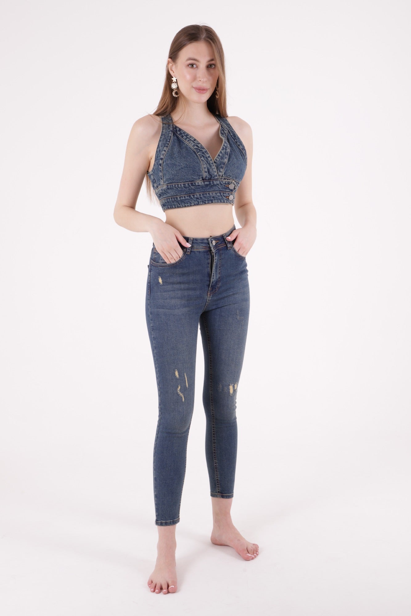 Az Yırtıklı Skinny Kot Pantolon Koyu Tintli Kot