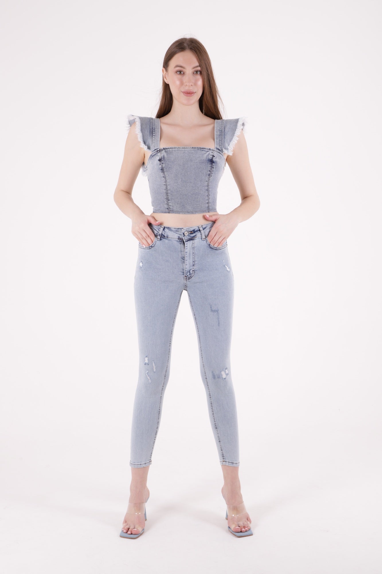Az Yırtıklı Skinny Kot Pantolon Kar Yıkama Açık Mavi