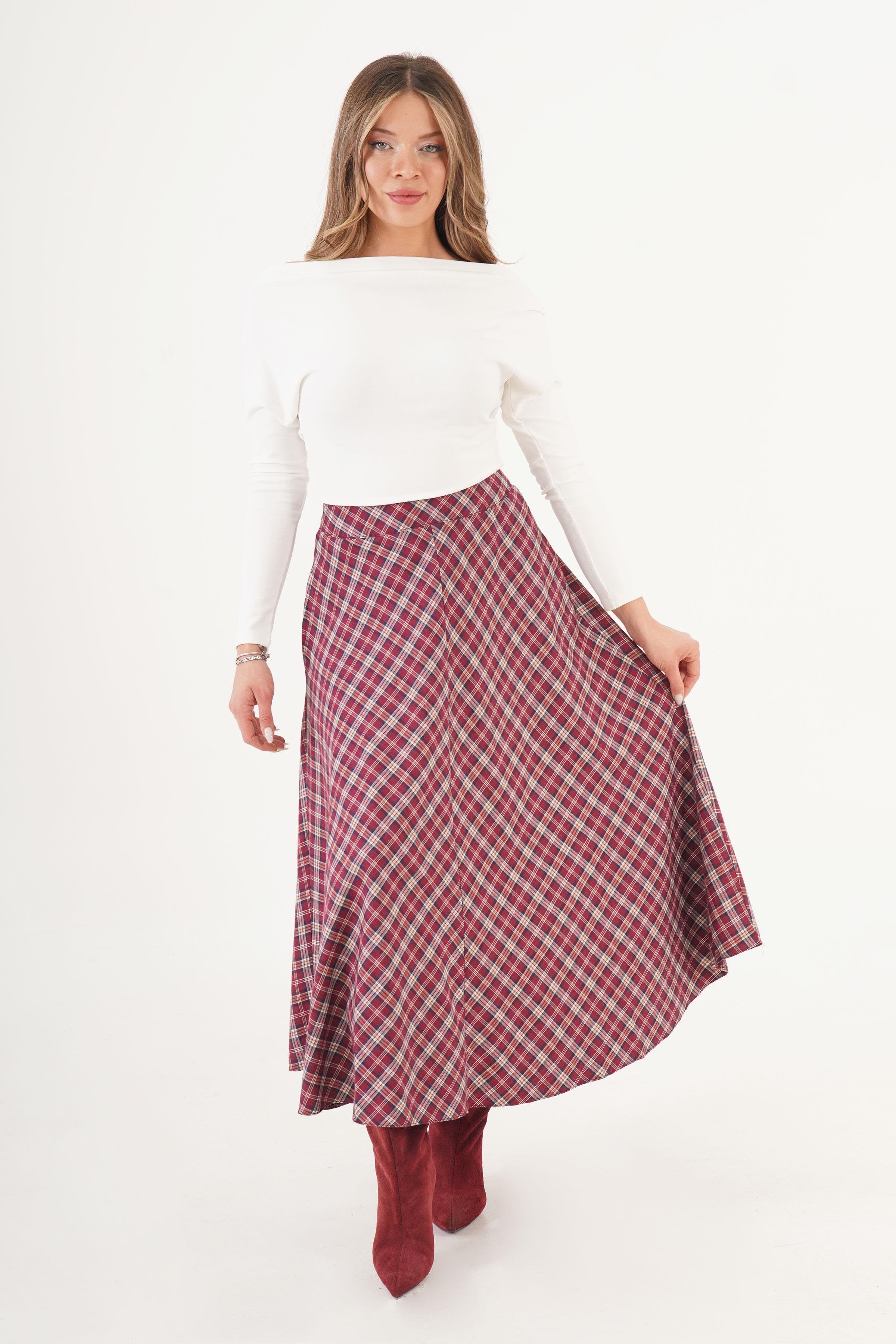 Volan Kesim Bordo Ekose Uzun Toptan Etek