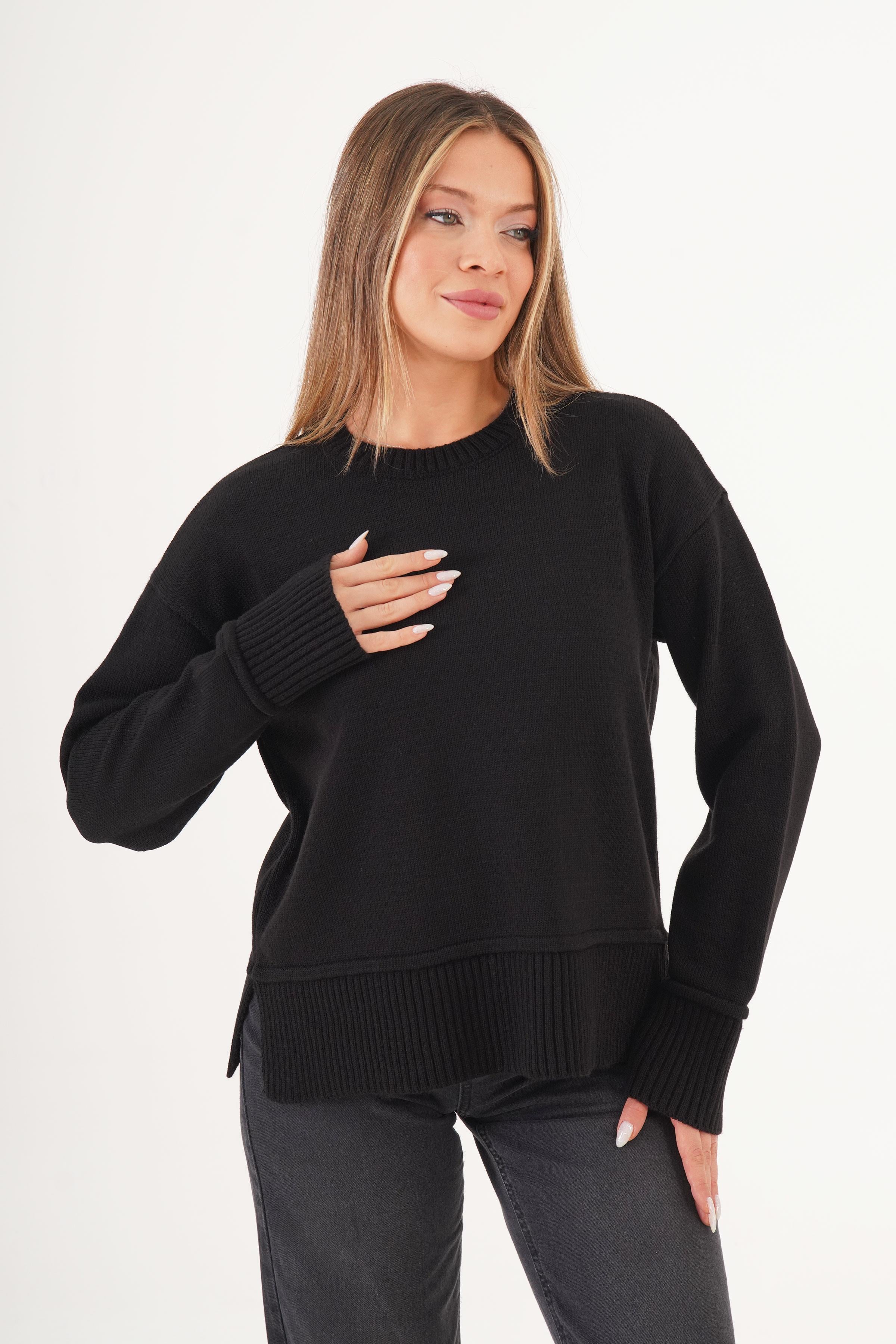 Ribana Detaylı Yırtmaçlı Toptan Siyah Kazak Siyah STD