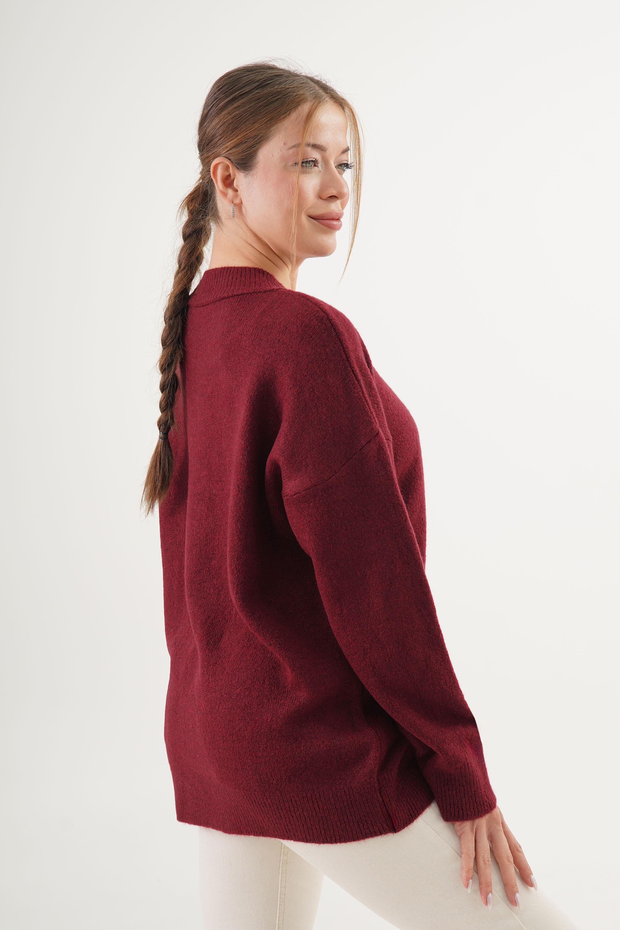 Ayıcık Nakışlı Bisiklet Yaka Toptan Bordo Triko Kazak