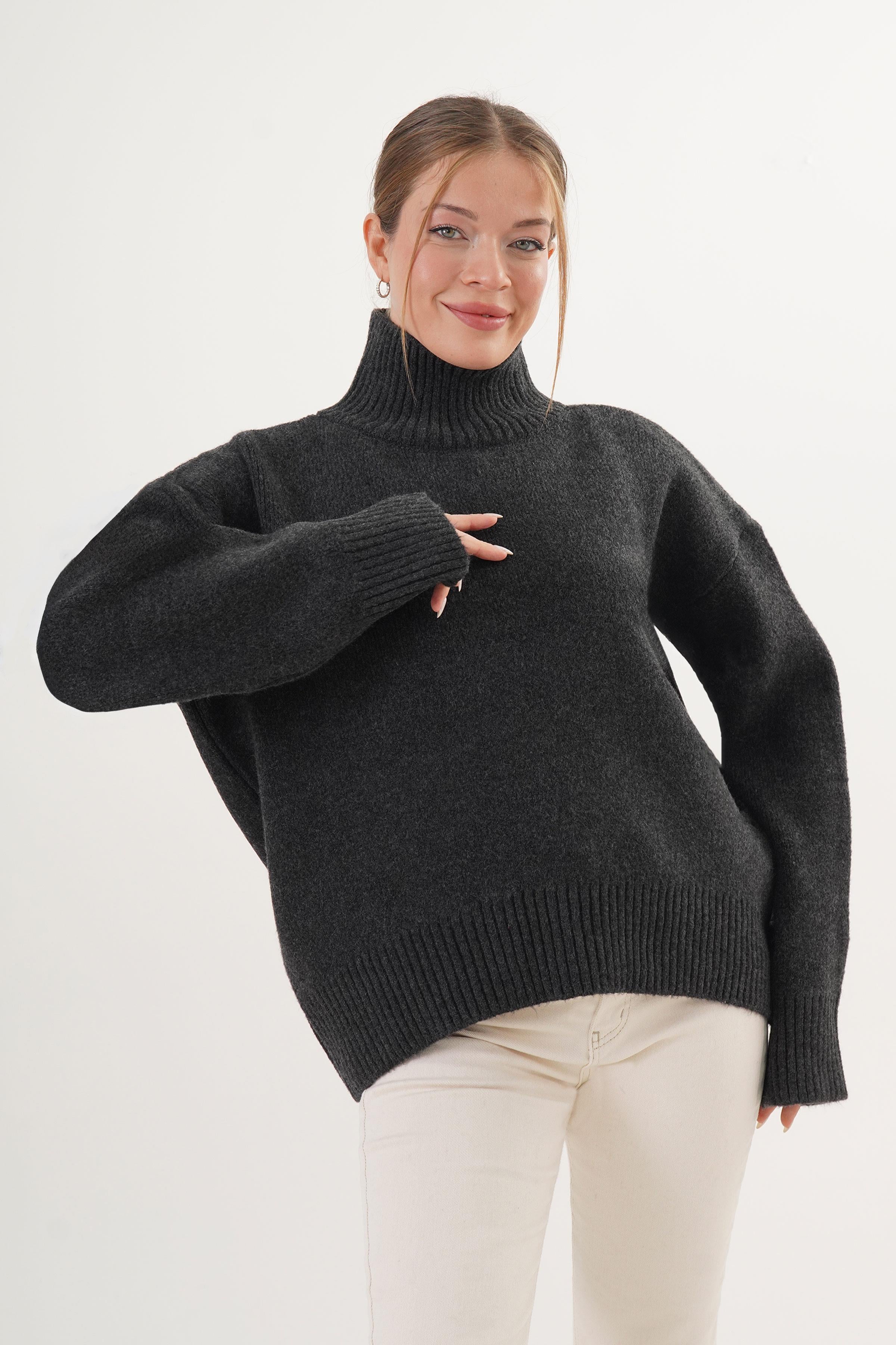 Yarım Balıkçı Yaka Kalın Toptan Antrasit Triko Kazak