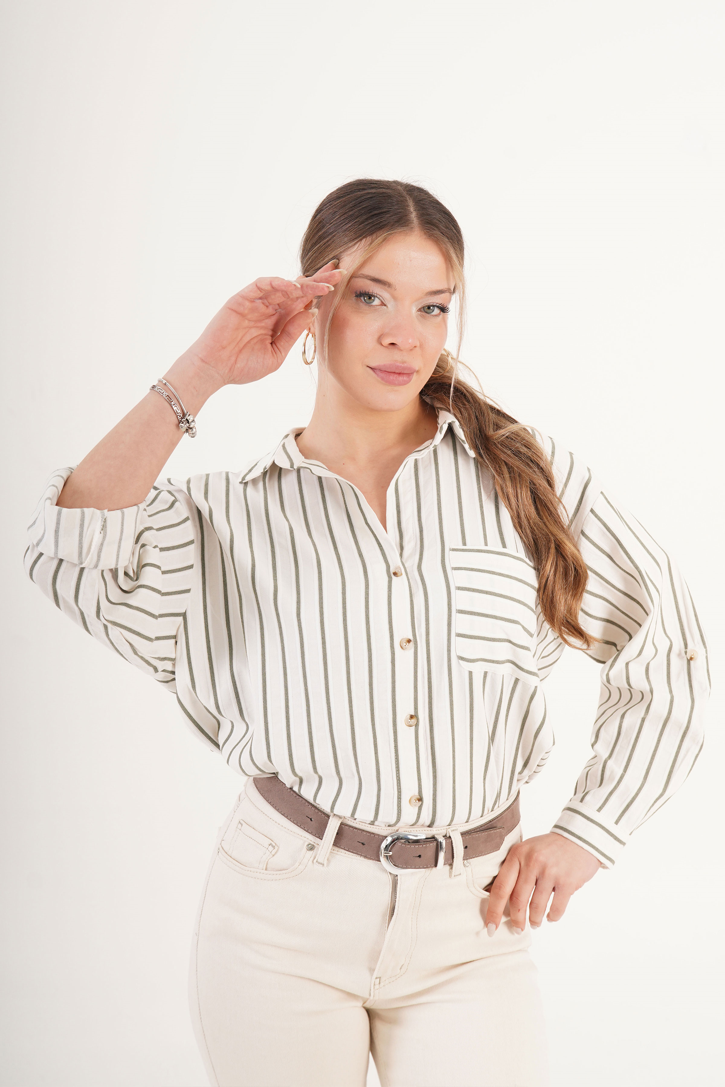 Keten Haki Çizgili Cepli Dökümlü Toptan Gömlek Haki S