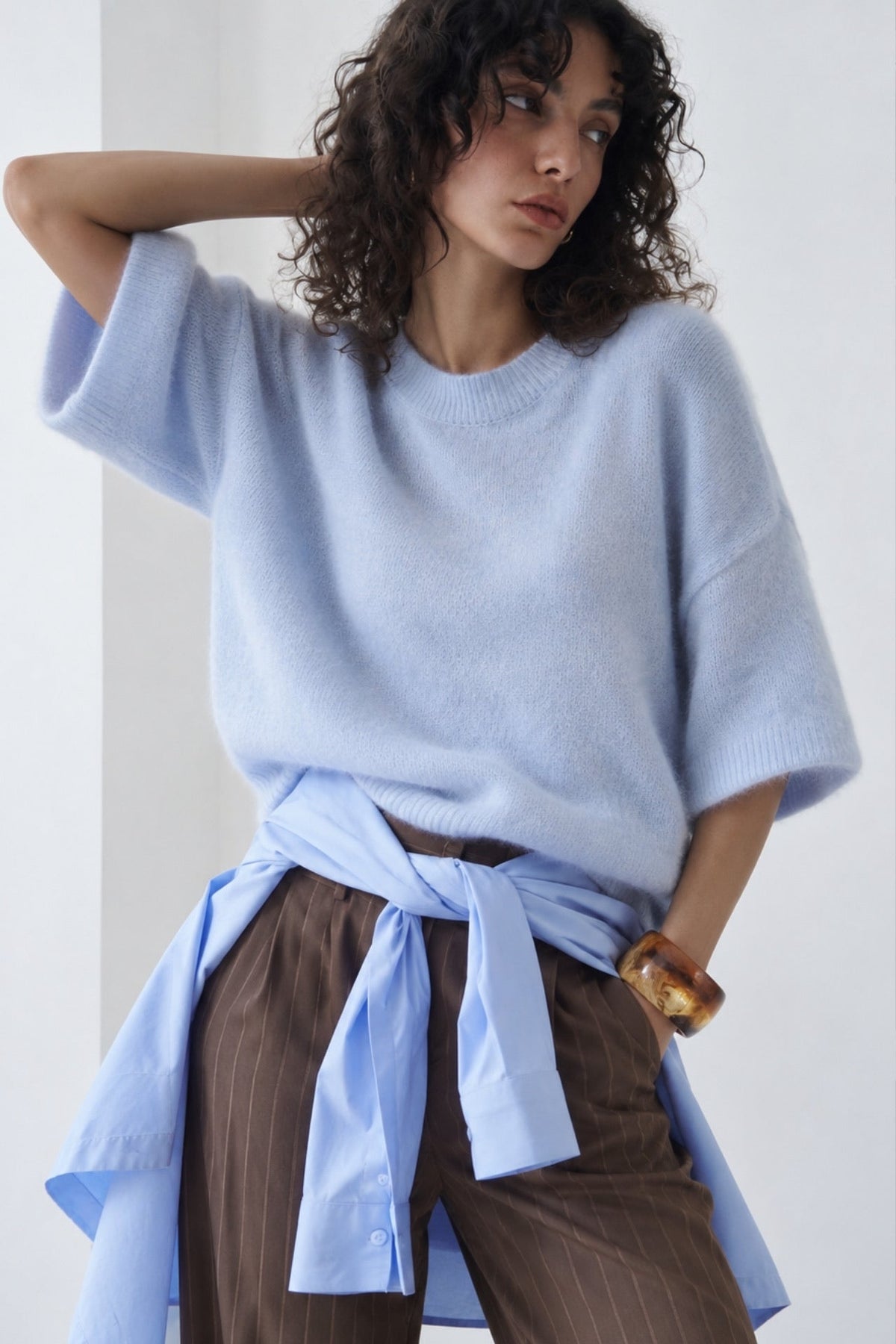 Bisiklet Yaka Oversize Dokulu Bluz - Kahverengi