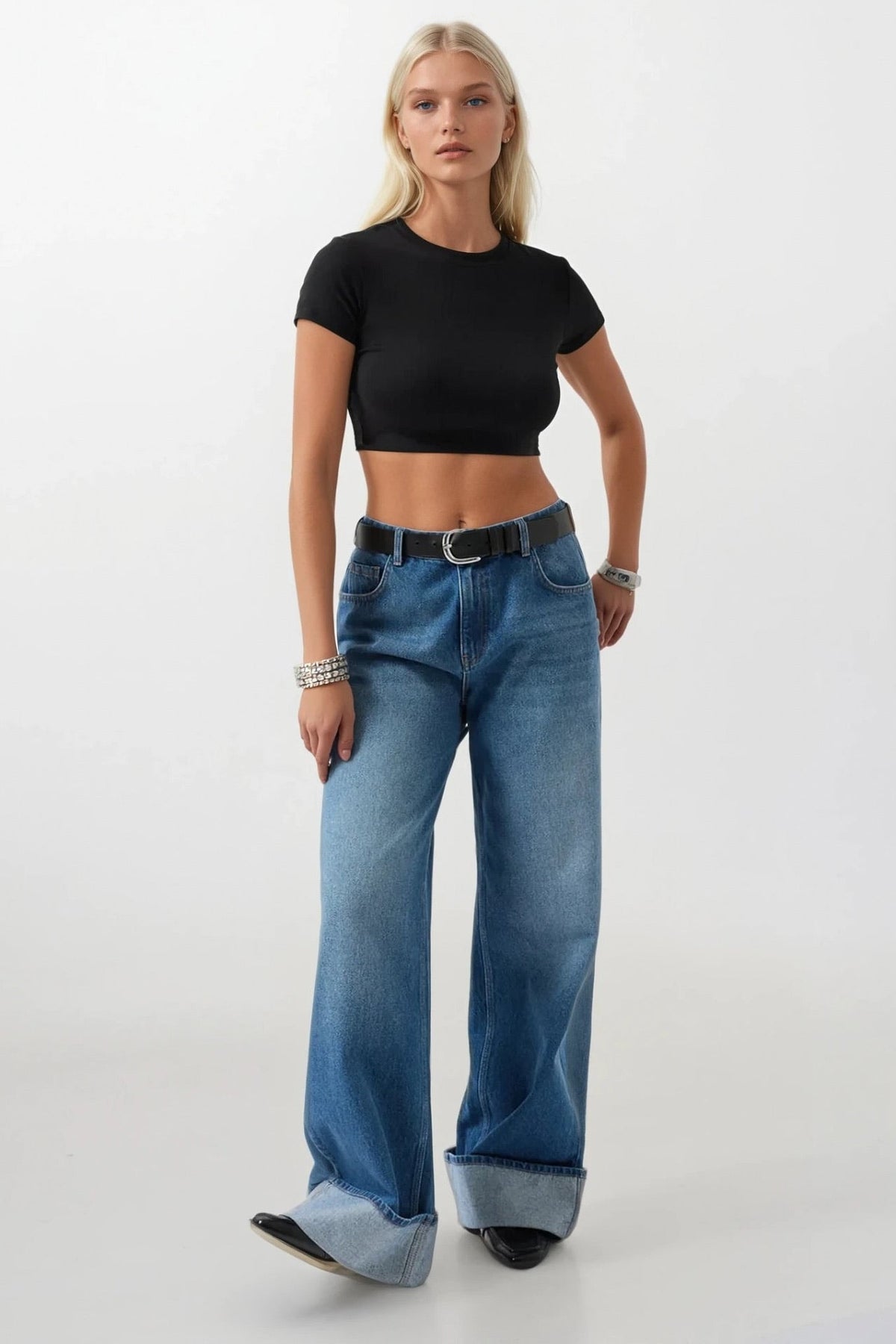 Likralı Basic Crop T-Shirt - Siyah
