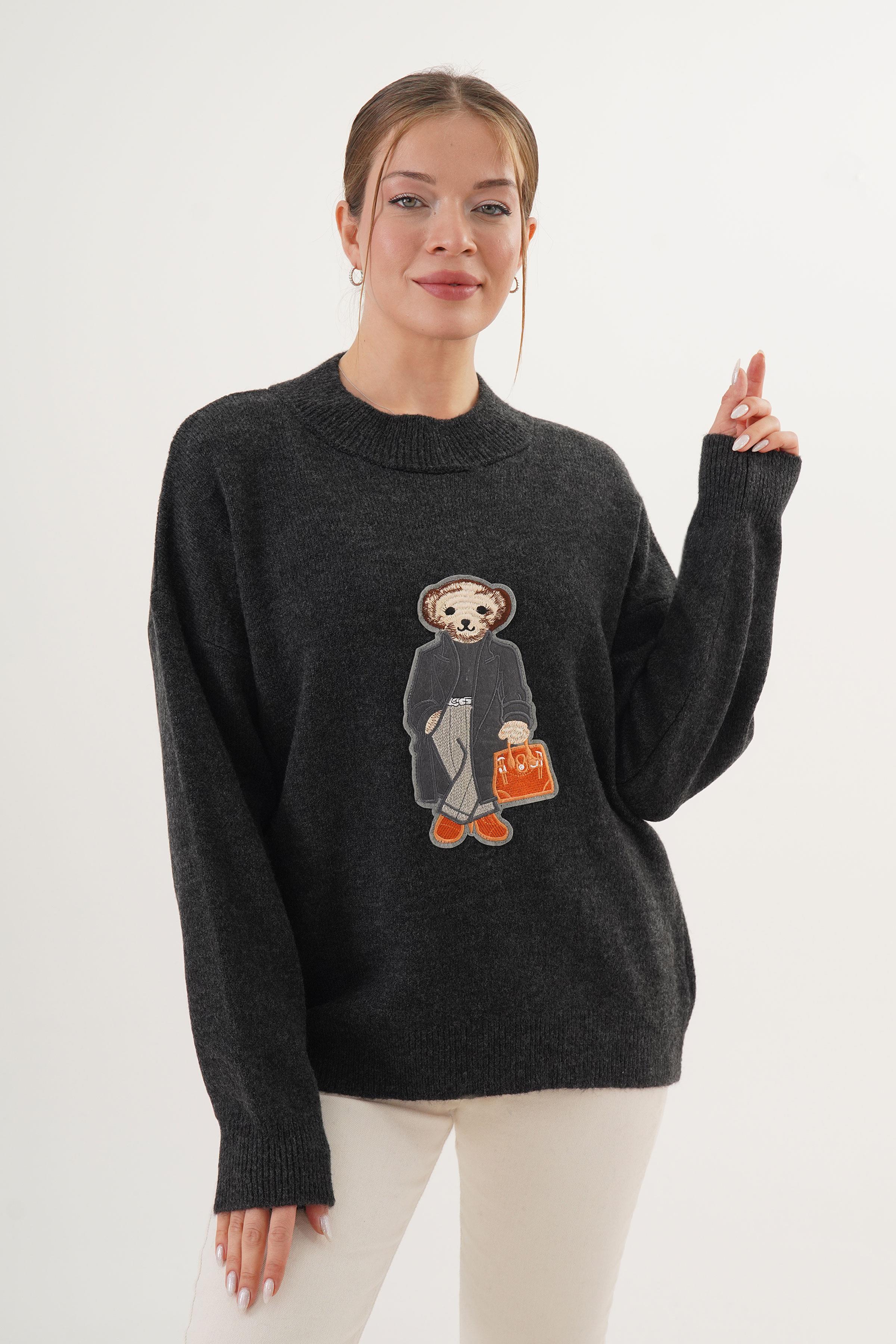 Ayıcık Nakışlı Bisiklet Yaka Toptan Antrasit Triko Kazak Antrasit STD