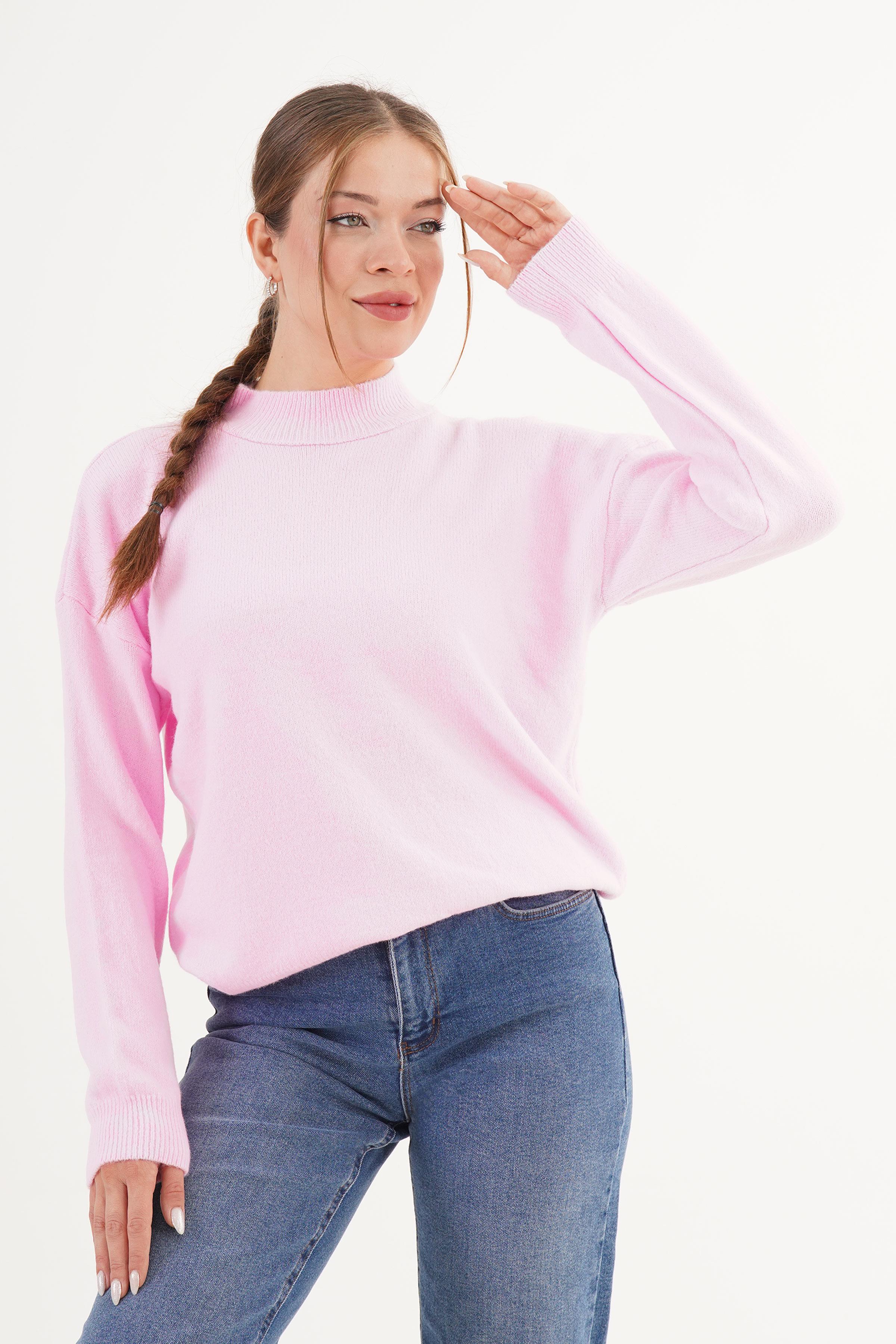 Dik Yaka Trend Toptan Pembe Triko Kazak Pembe STD