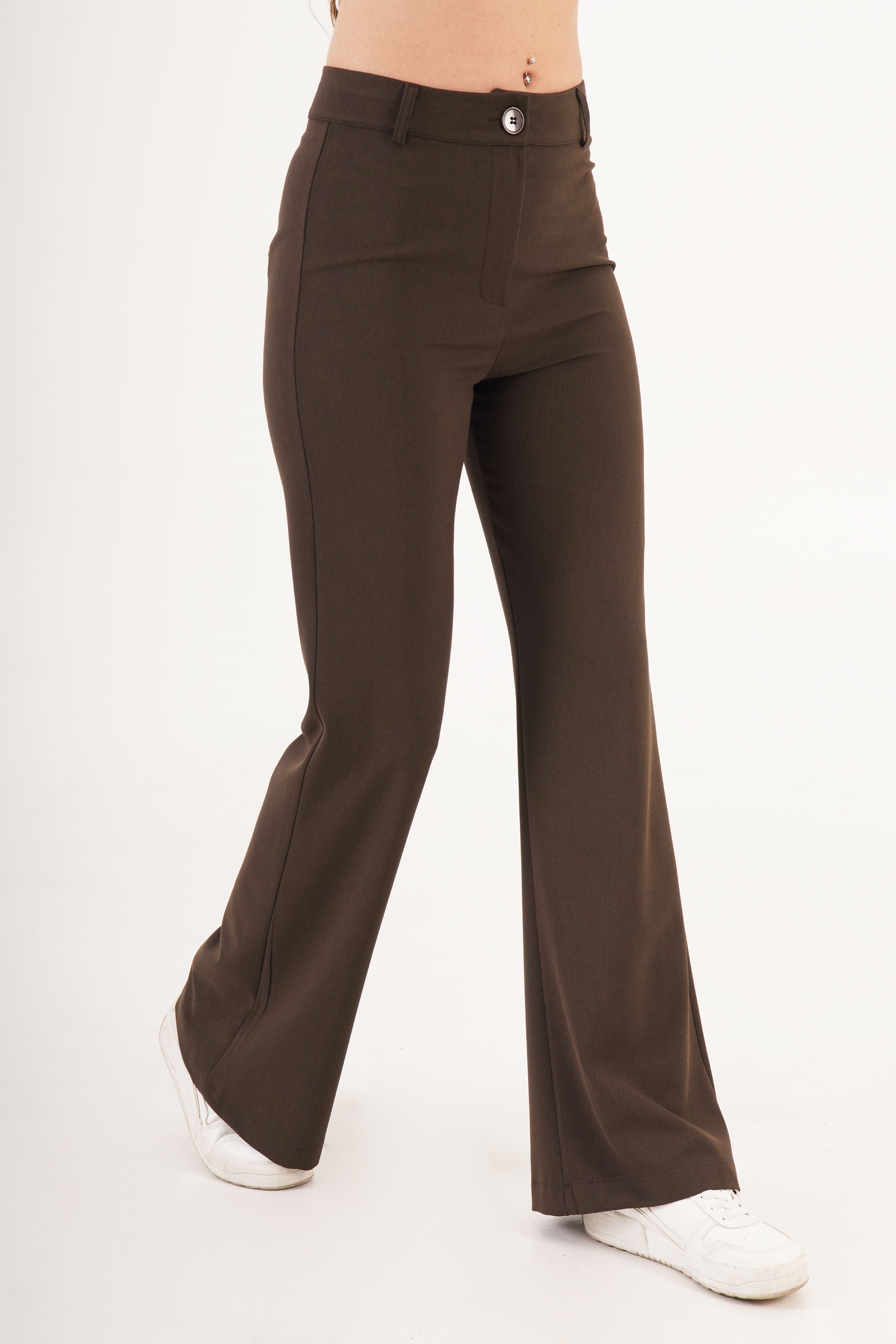 Yüksek Bel Tek Düğme Kahve Pantolon Kahverengi S