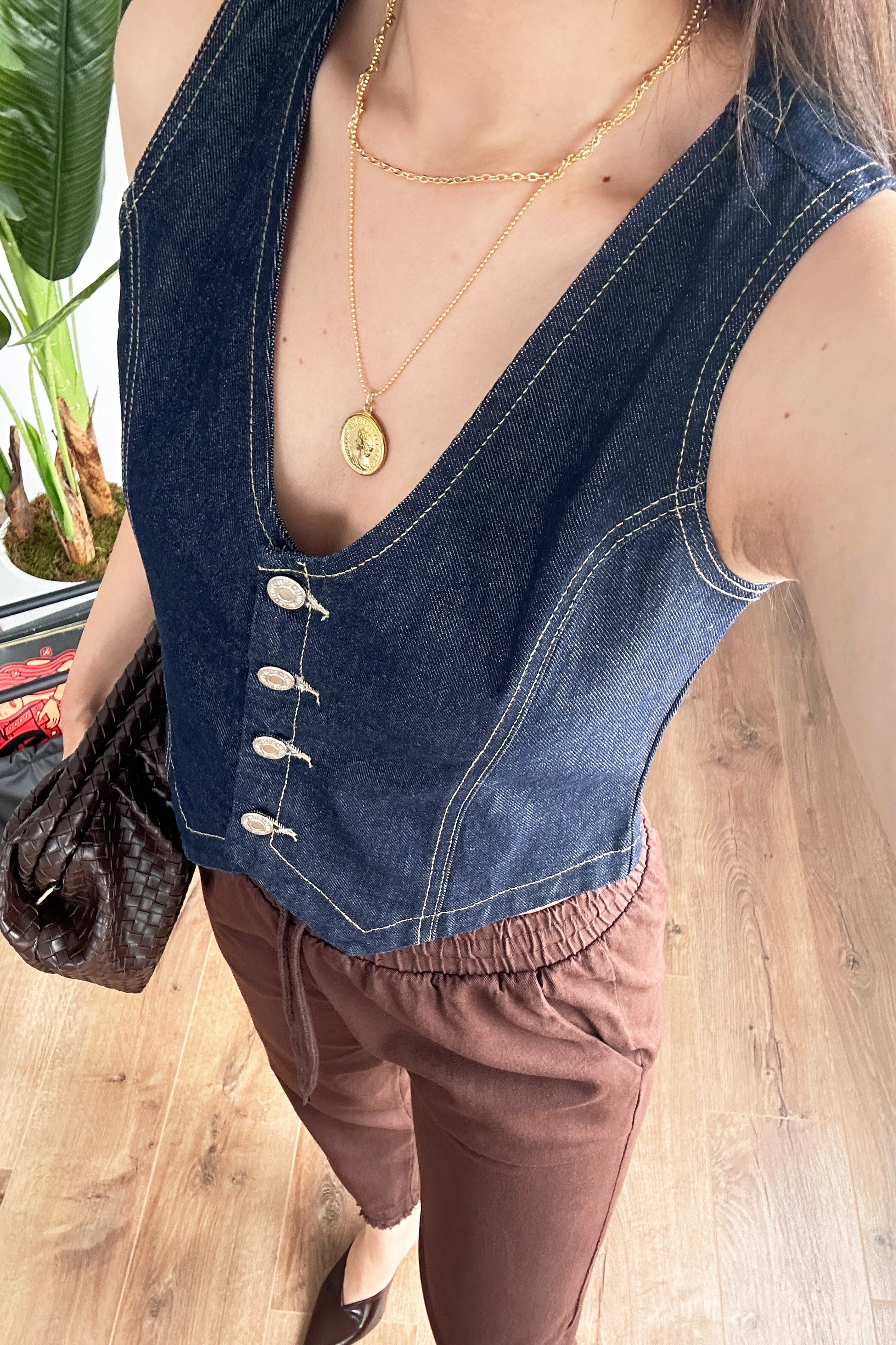 V Yaka Koyu Mavii Denim Toptan Yelek