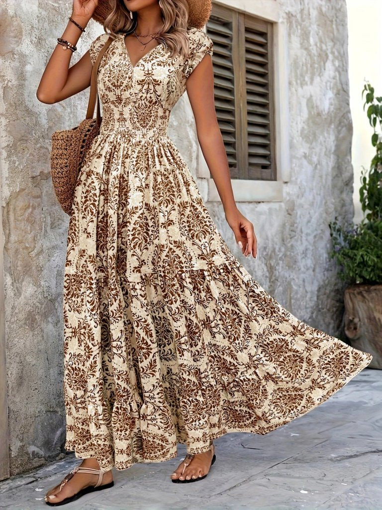 Kadın Kısa Kollu Kruvaze Yaka Beli Lastikli Süprem Maksi Boy Elbise, 37495