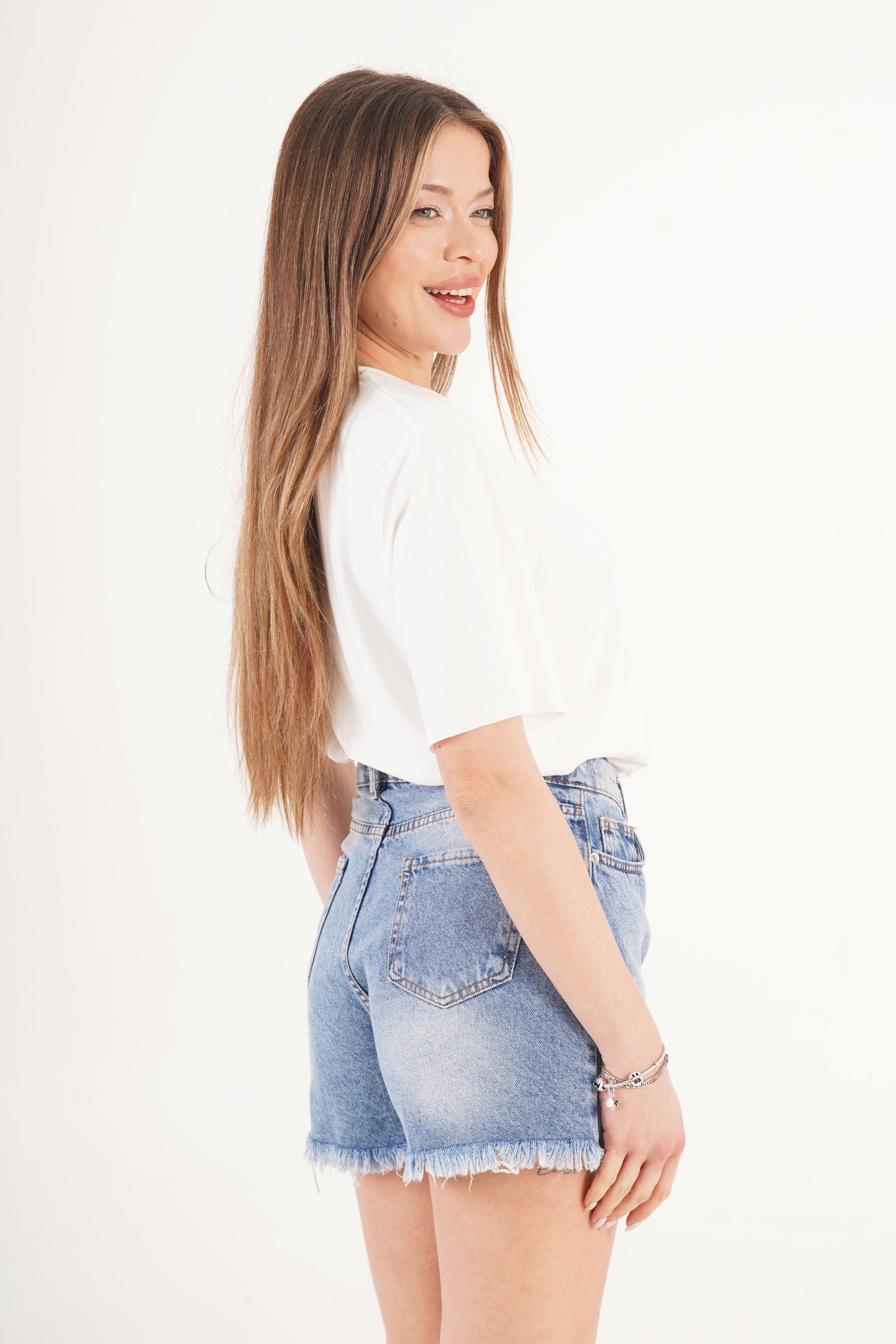 Yüksek Bel Kavisli Distressed Toptan Denim Şort