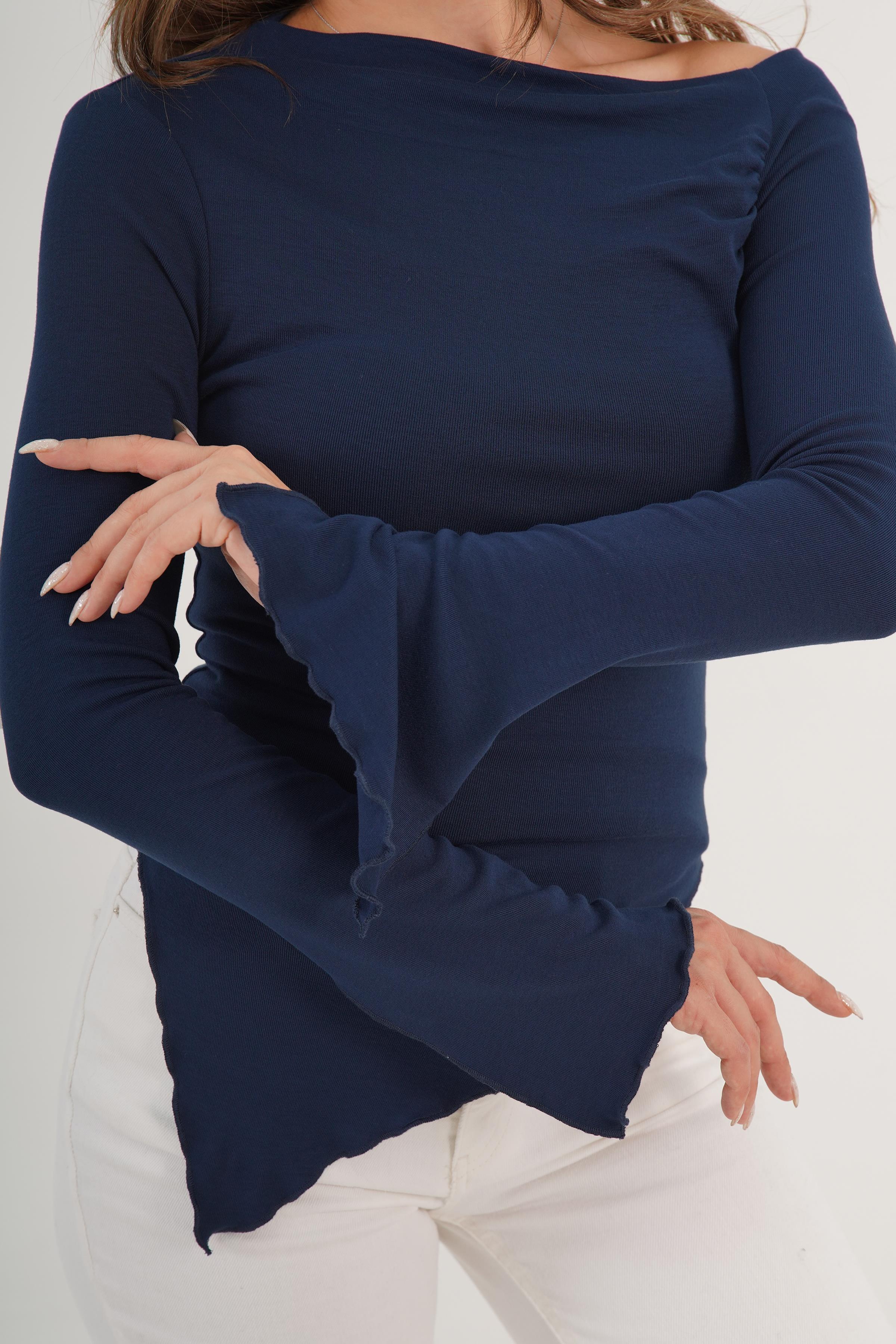 Asimetrik Kesim Toptan Lacivert Basic Bluz