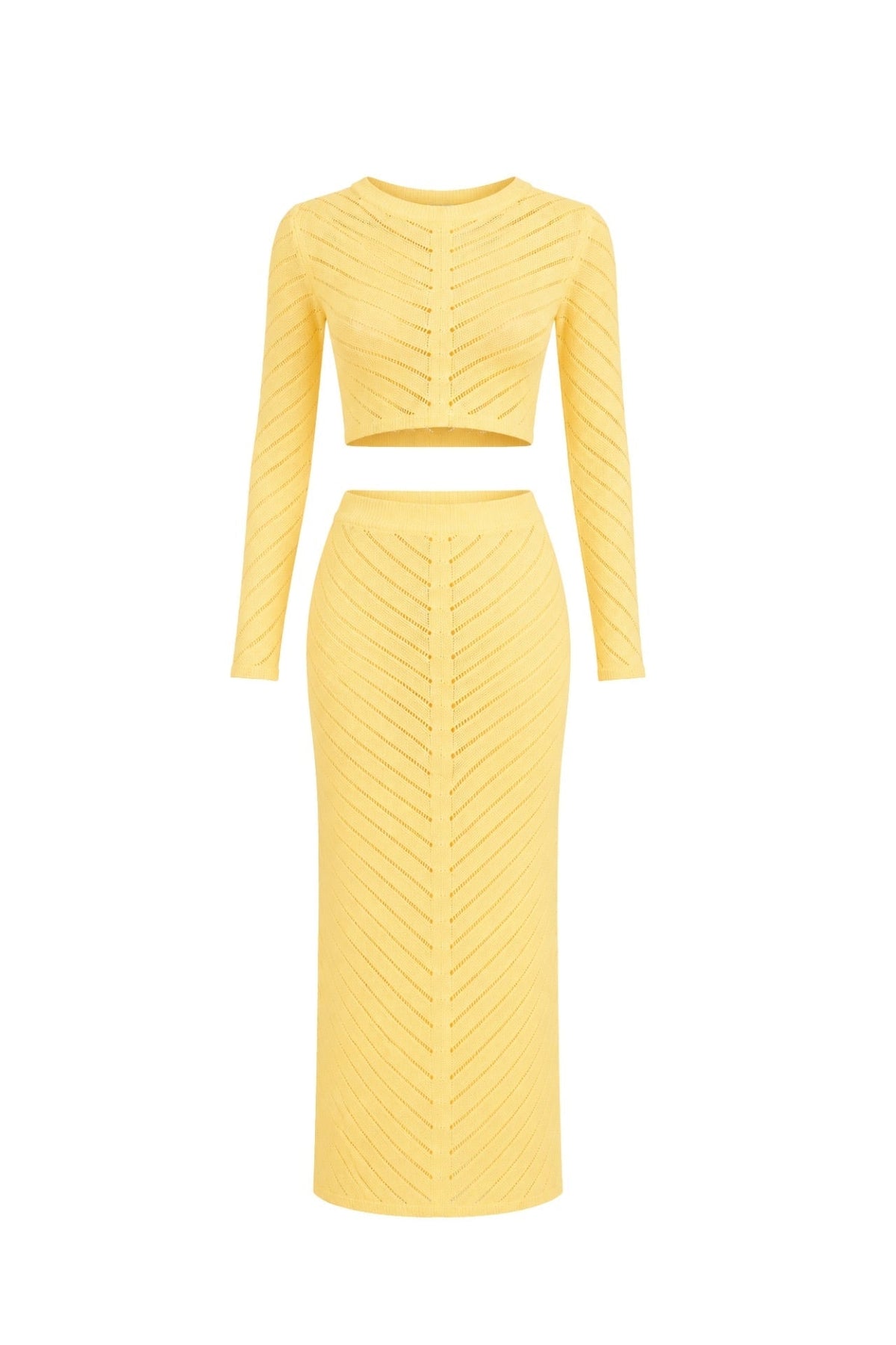 Örgü Desen Crop Bluz Maxi Etek İkili Triko Takım - Sarı