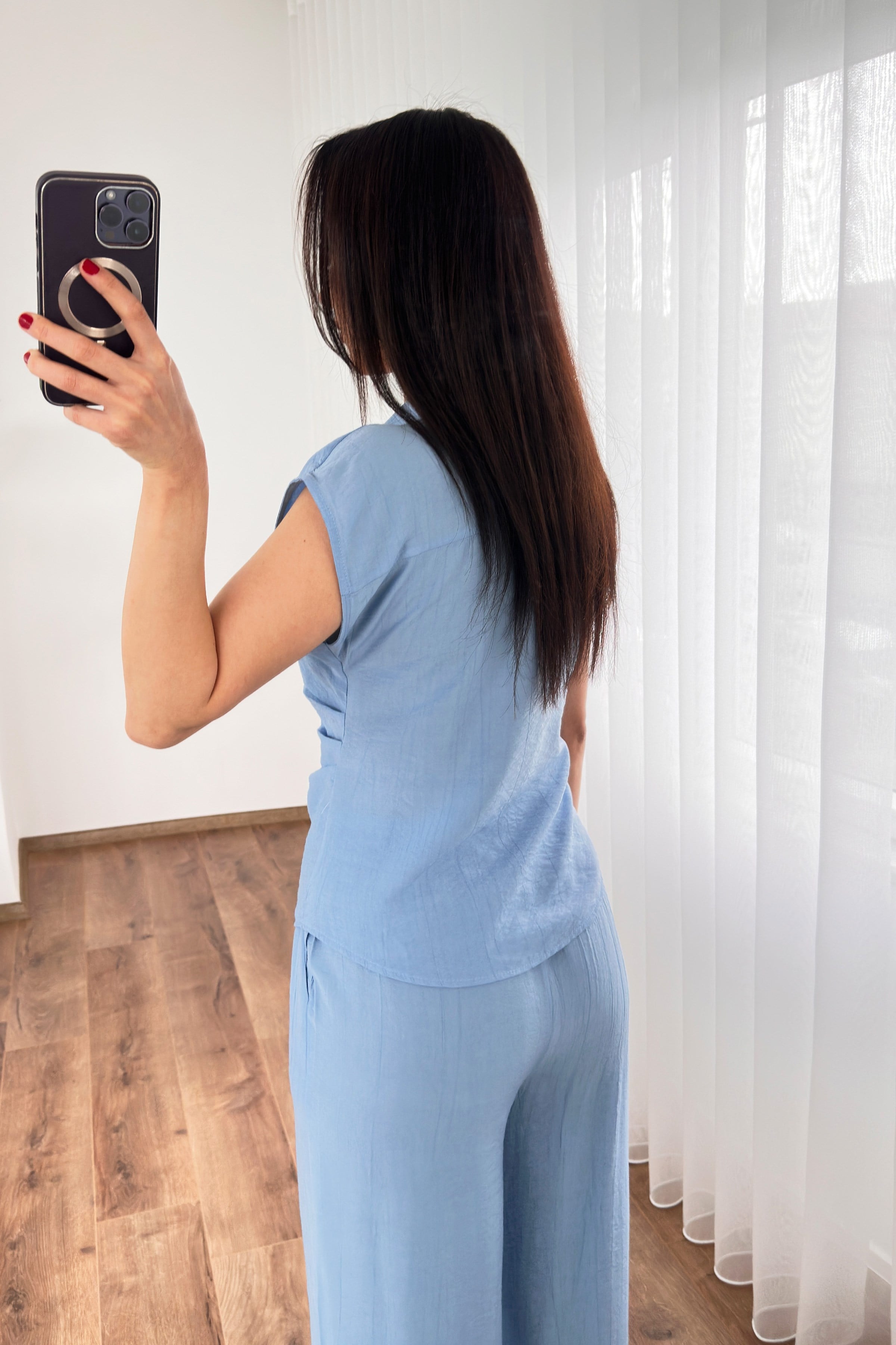 Beli Kuşak Bağlamalı Bluz Pantolon Toptan Bebe Mavi Takım