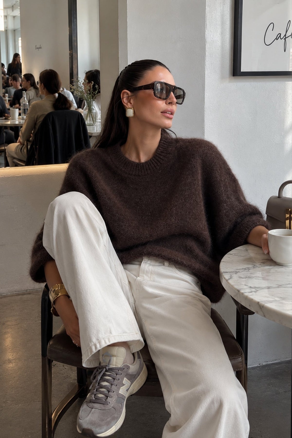Bisiklet Yaka Oversize Dokulu Bluz - Kahverengi