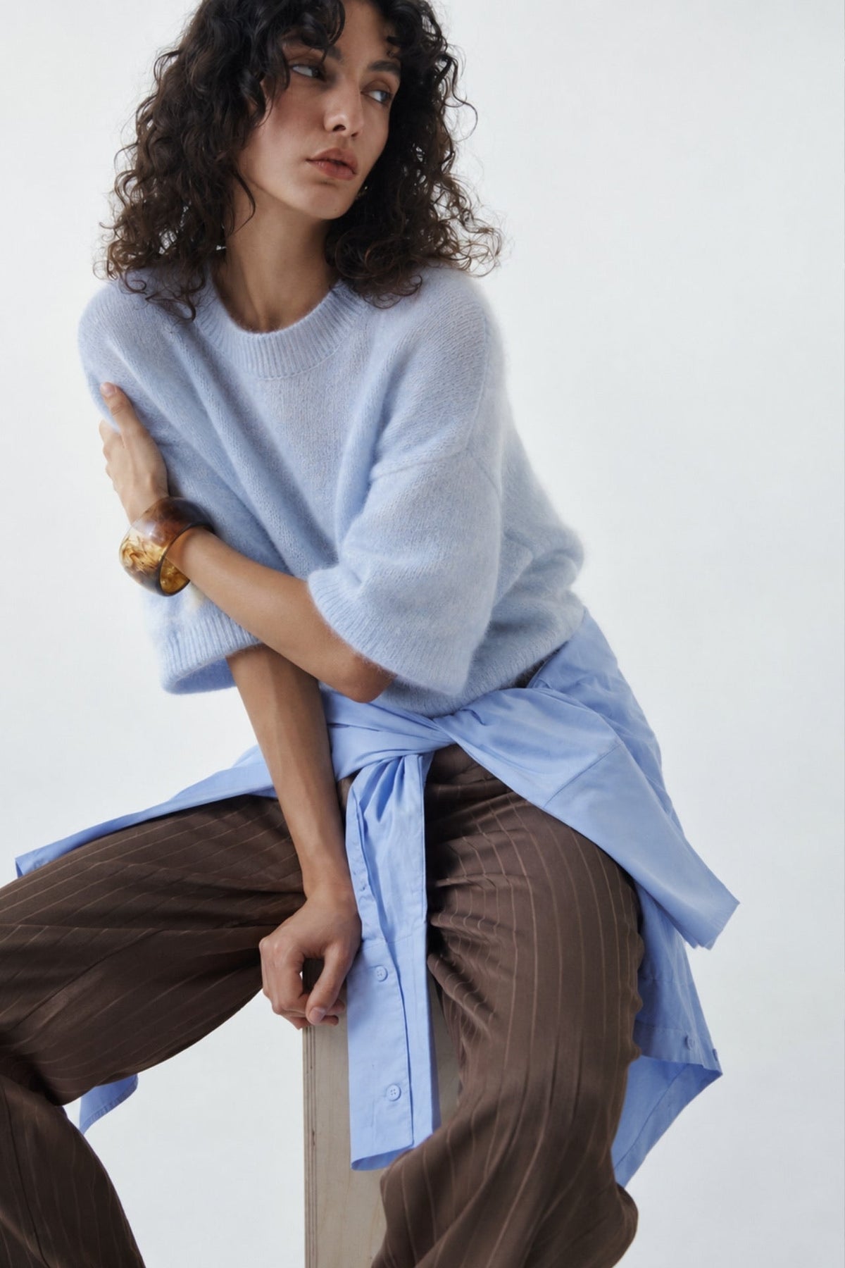 Bisiklet Yaka Oversize Dokulu Bluz - Sarı