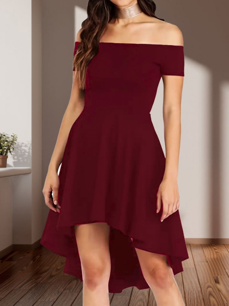 Women's Short Sleeve Madonna Neck High-Low Imported Crepe Dress, 31251