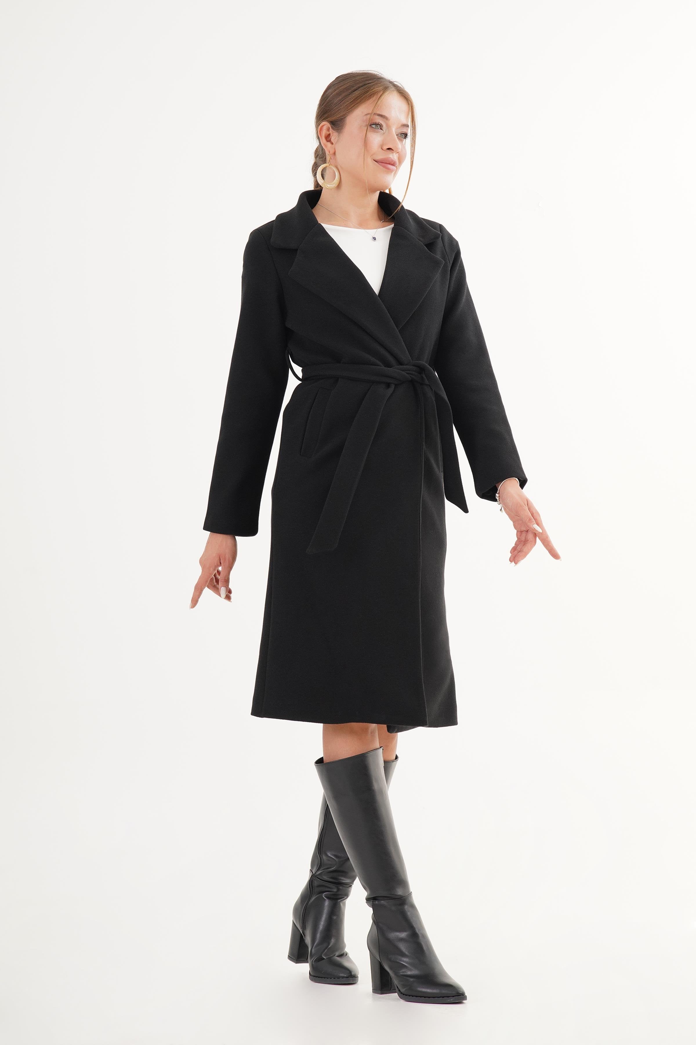 Beli Kuşaklı Astarlı Toptan Siyah Kaşe Kaban