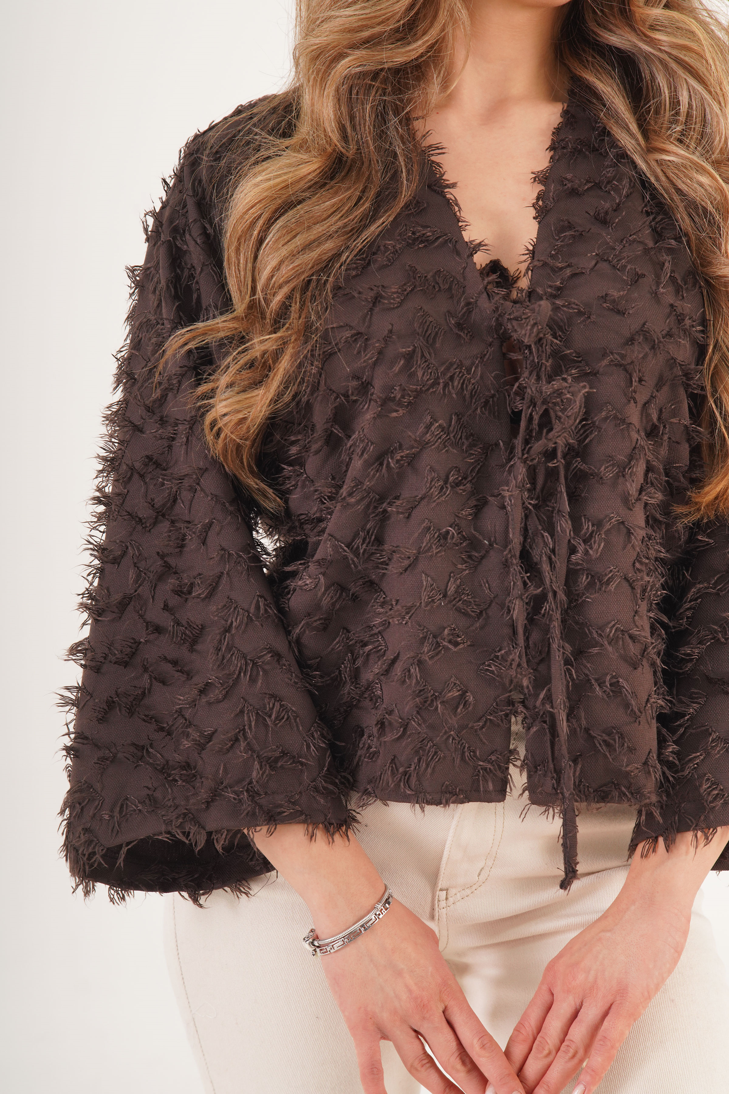 Full Saçaklı İp Bağlamalı Toptan Kahve Kimono