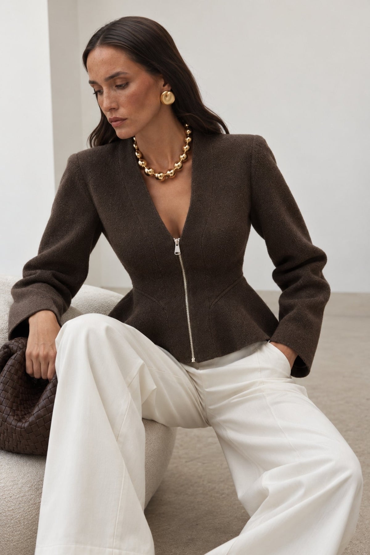 Pleat Detail V-Neck Zip-Up Knit Sweater - Brown