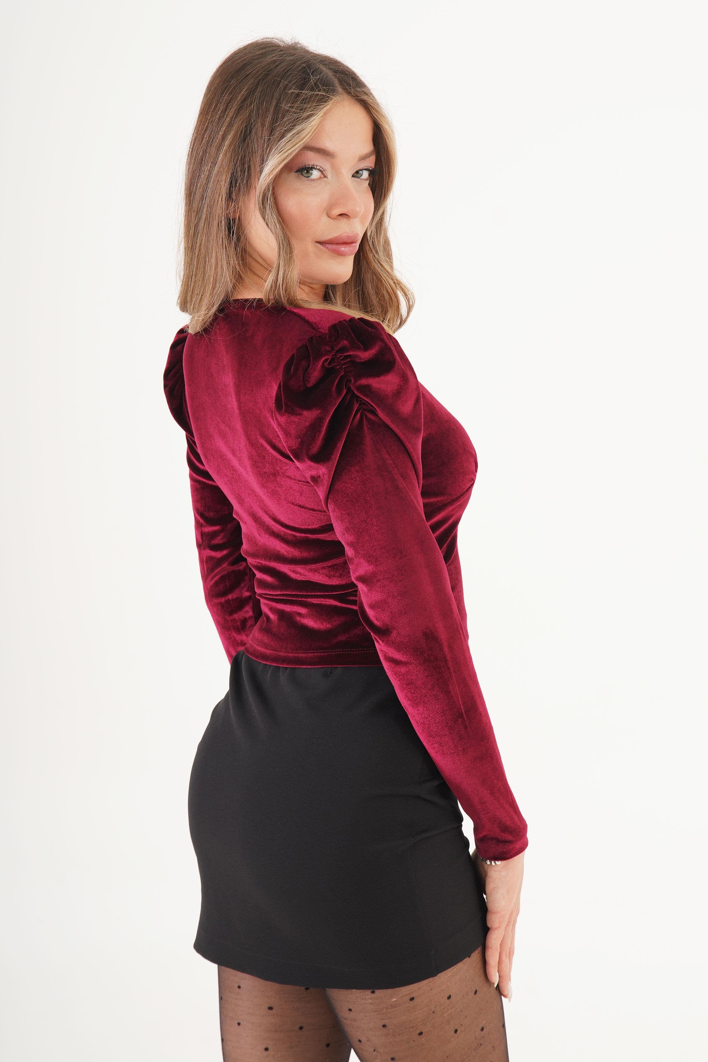 Kruvaze Yaka Vatkalı Kadife Bordo Toptan Bluz