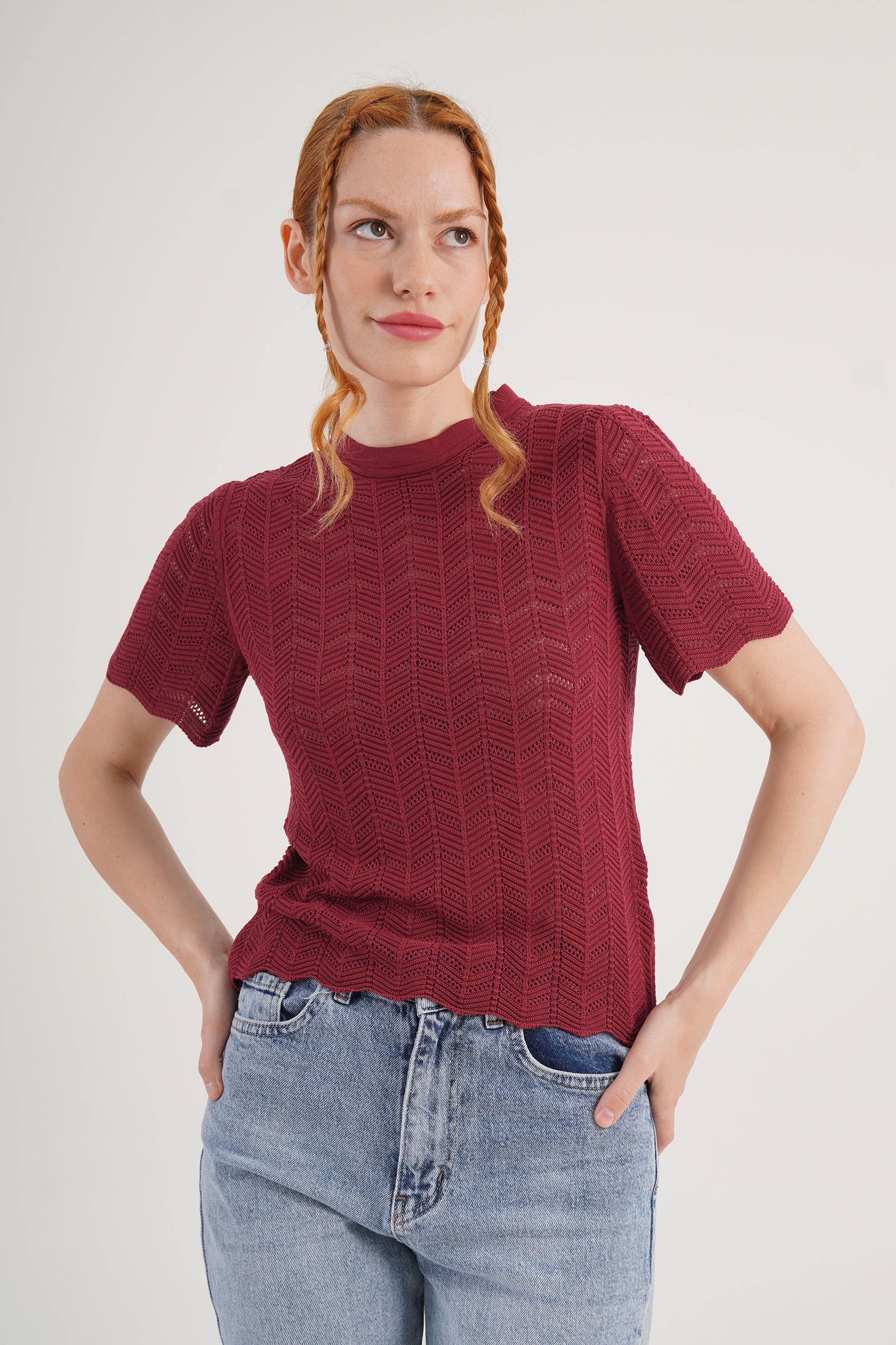 Örgü Model Kısa Kol Toptan Bordo Triko Bluz Bordo STD
