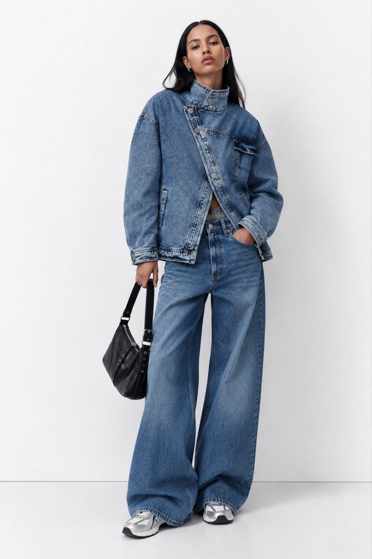 Dik Yaka Asimetrik Düğme Detay Denim Ceket - Mavi