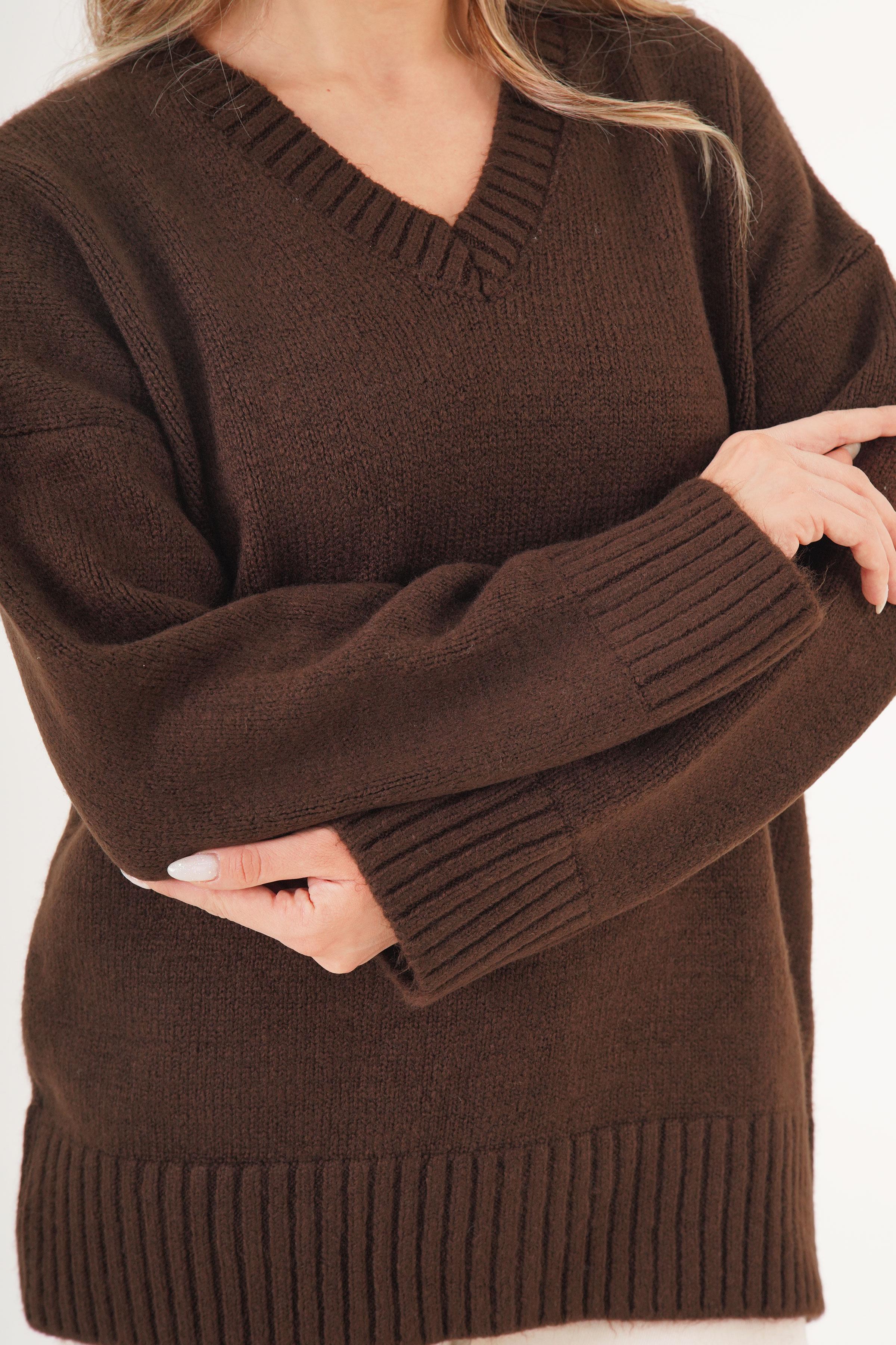 V Yaka Kalın Ribanalı Toptan Kahve Kazak