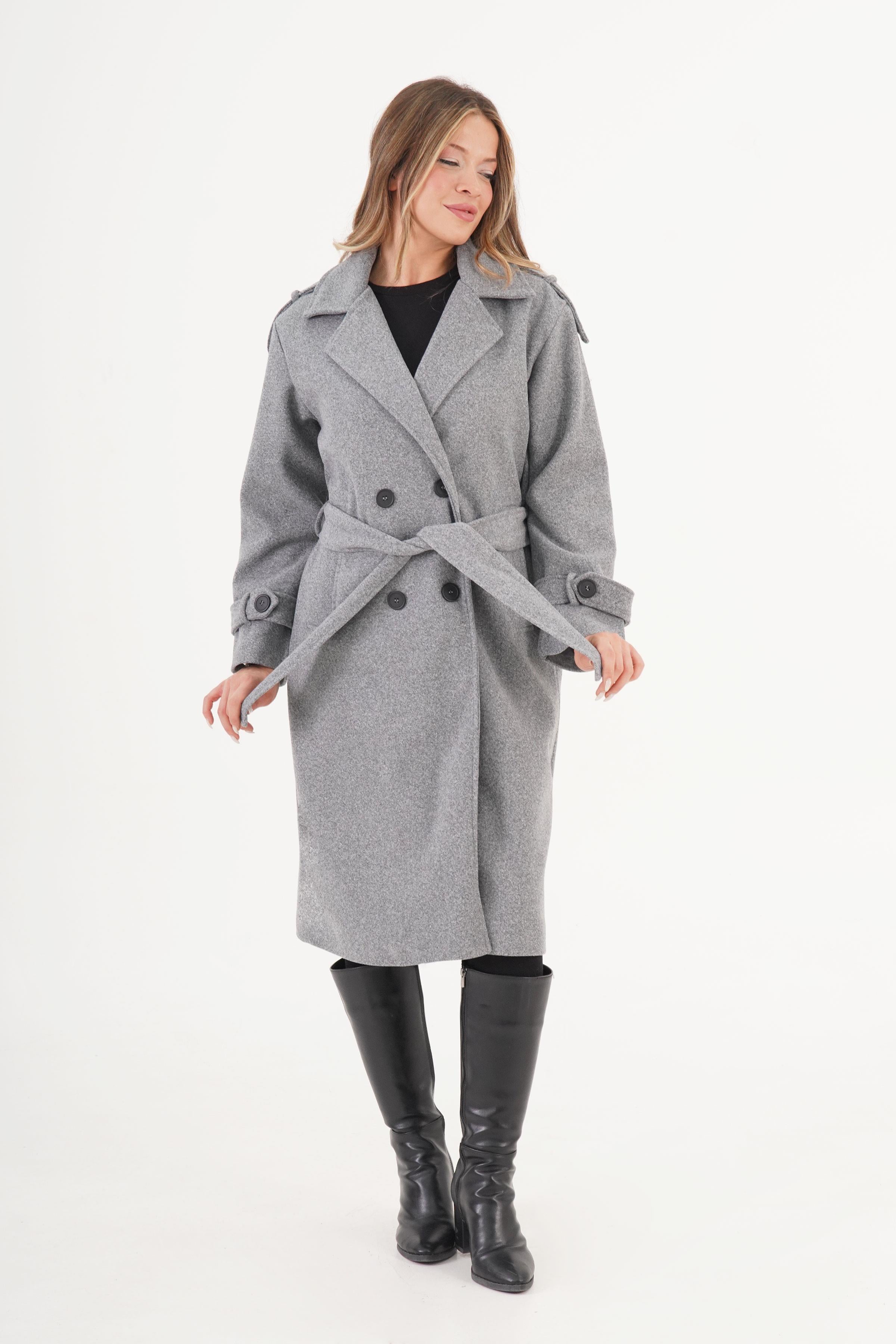 Apolet Detaylı Kuşaklı Toptan Antrasit Kaşe Kaban Antrasit S