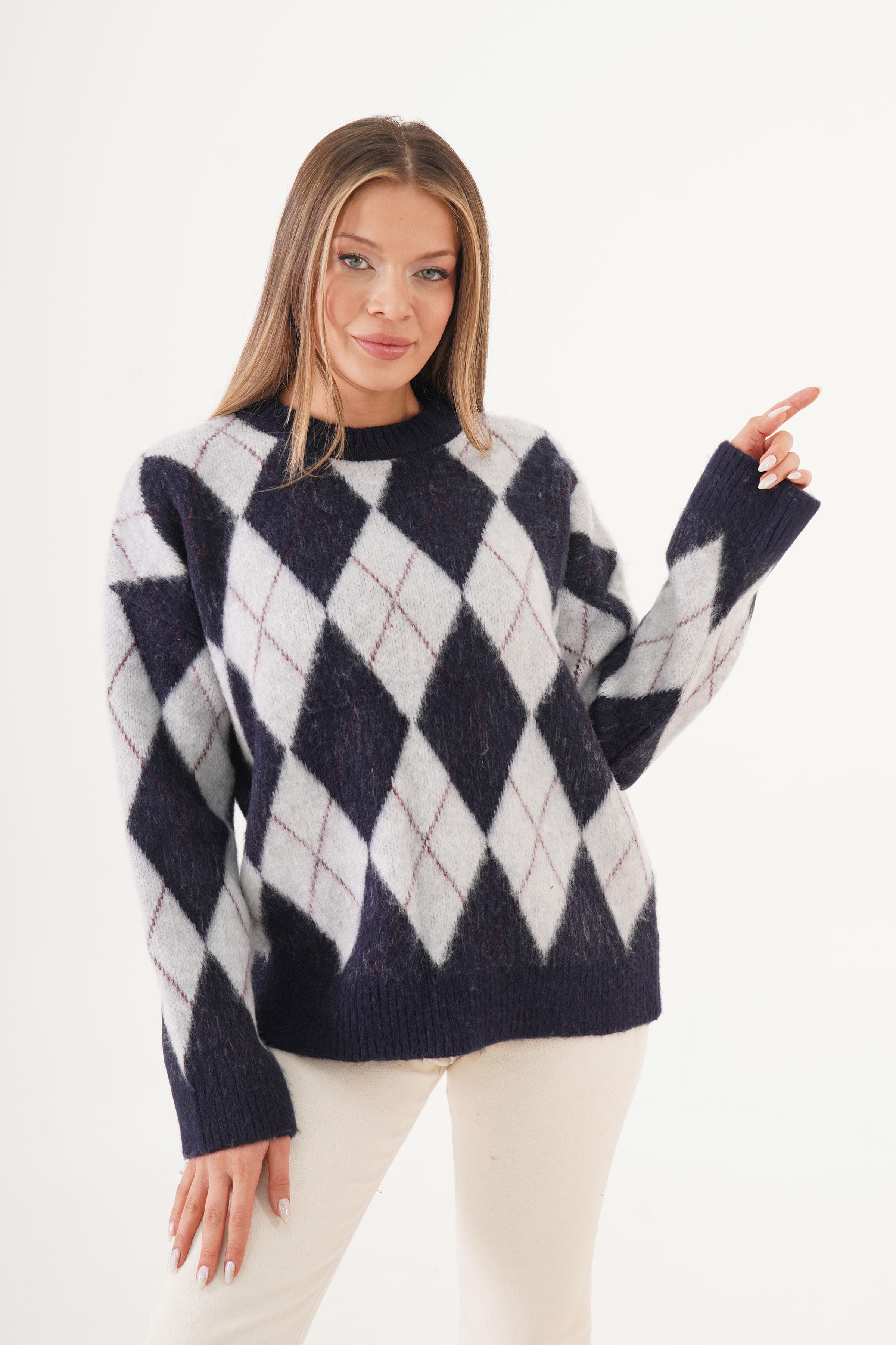 Baklava Desen Bisiklet Yaka Lacivert Toptan Triko Kazak