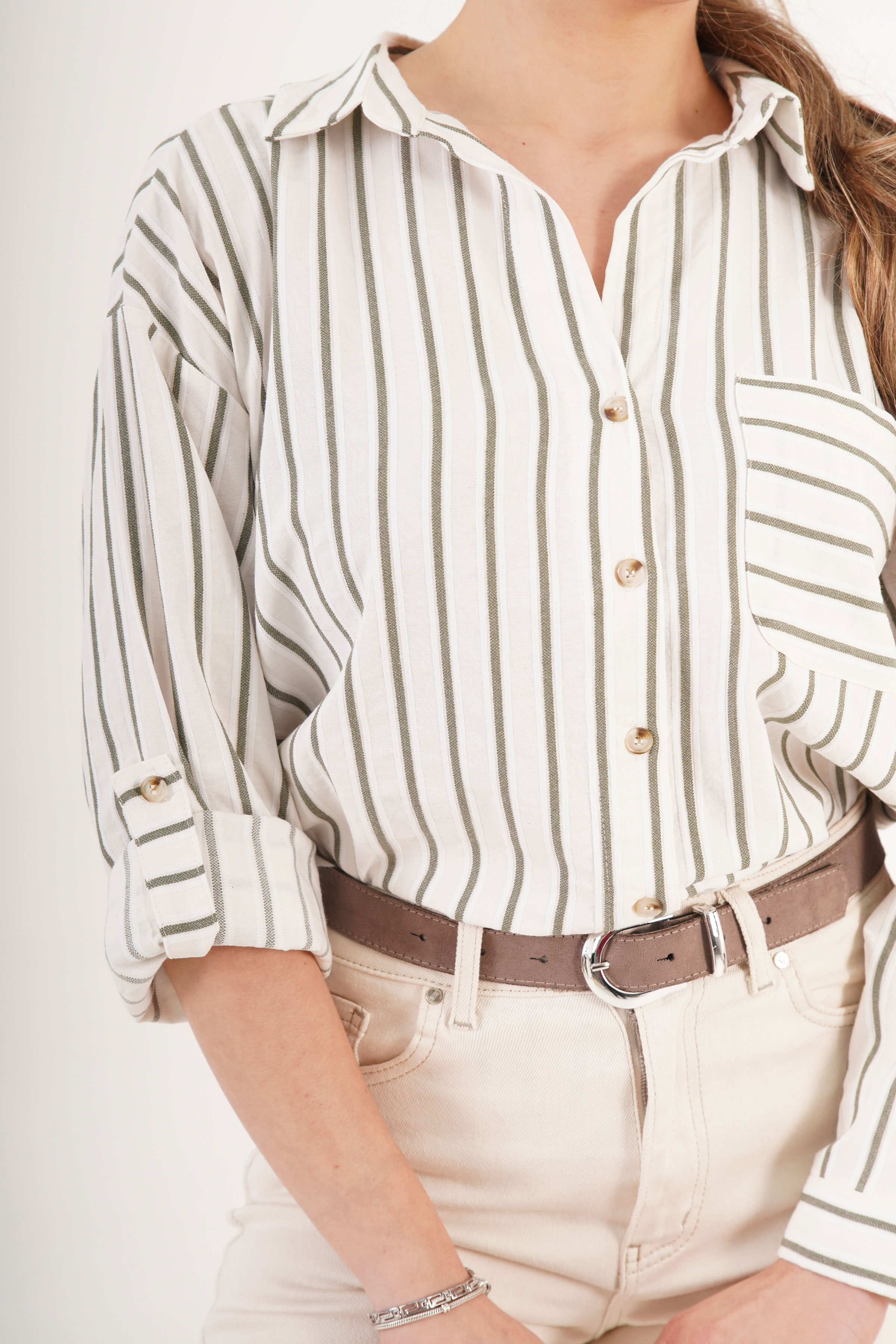 Keten Haki Çizgili Cepli Dökümlü Toptan Gömlek