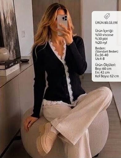 V Yaka Dantel İşlemeli Düğmeli Yumuşak Triko Hırka