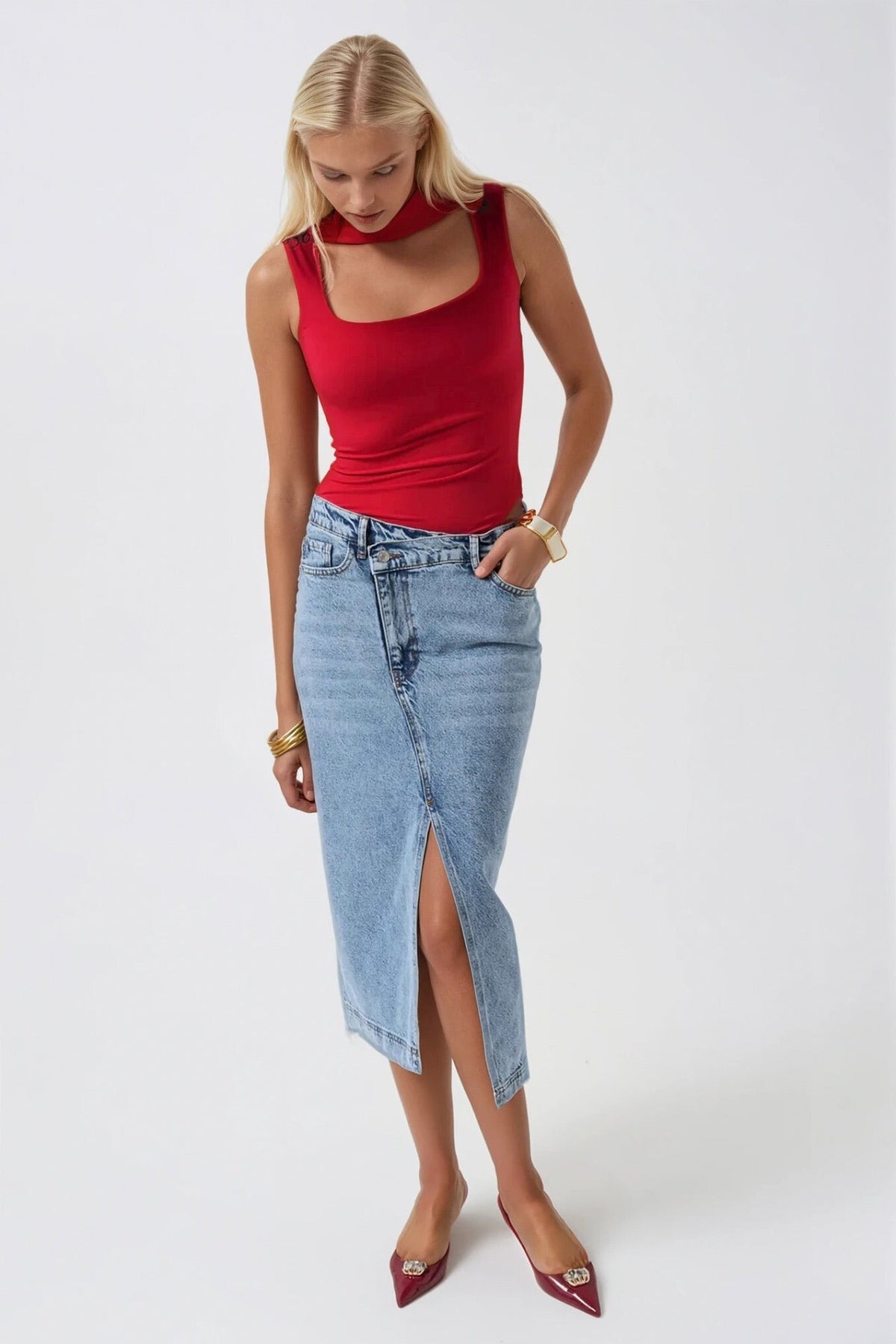 Yırtmaç Detay Denim Midi Etek - Açık Mavi