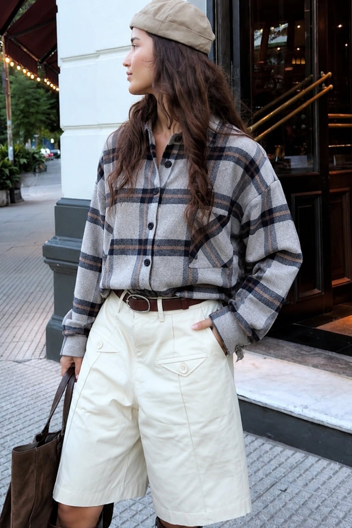 Basic Oversize Ekose Gömlek - Bej
