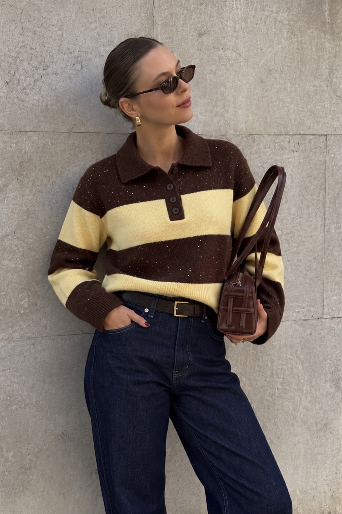 Polo Yaka Simli Çizgili Kazak - Siyah