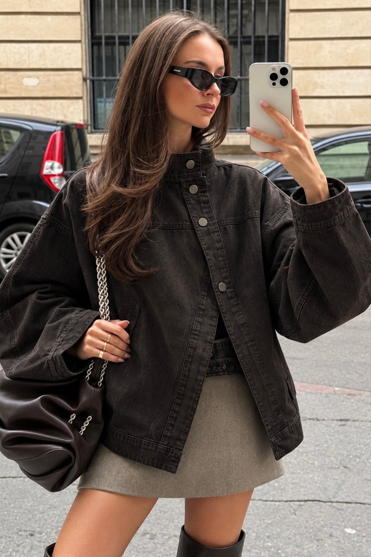 Dik Yaka Asimetrik Düğme Detay Denim Ceket - Kahverengi
