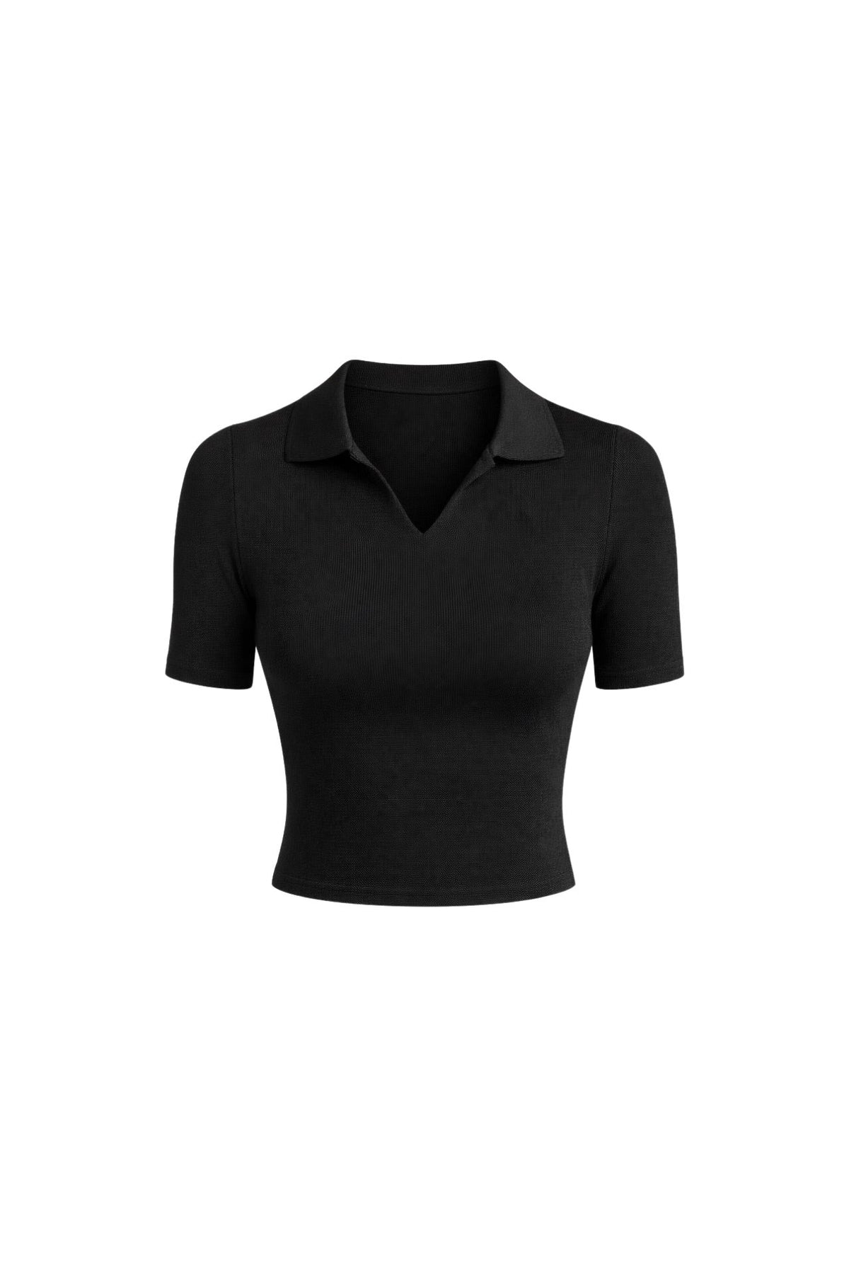 Polo Yaka Triko Crop Bluz - Siyah