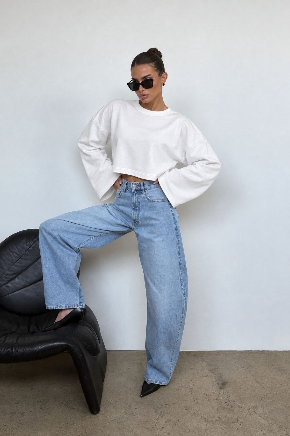 Geniş Kol Bisiklet Yaka Basic Sweatshirt - Beyaz