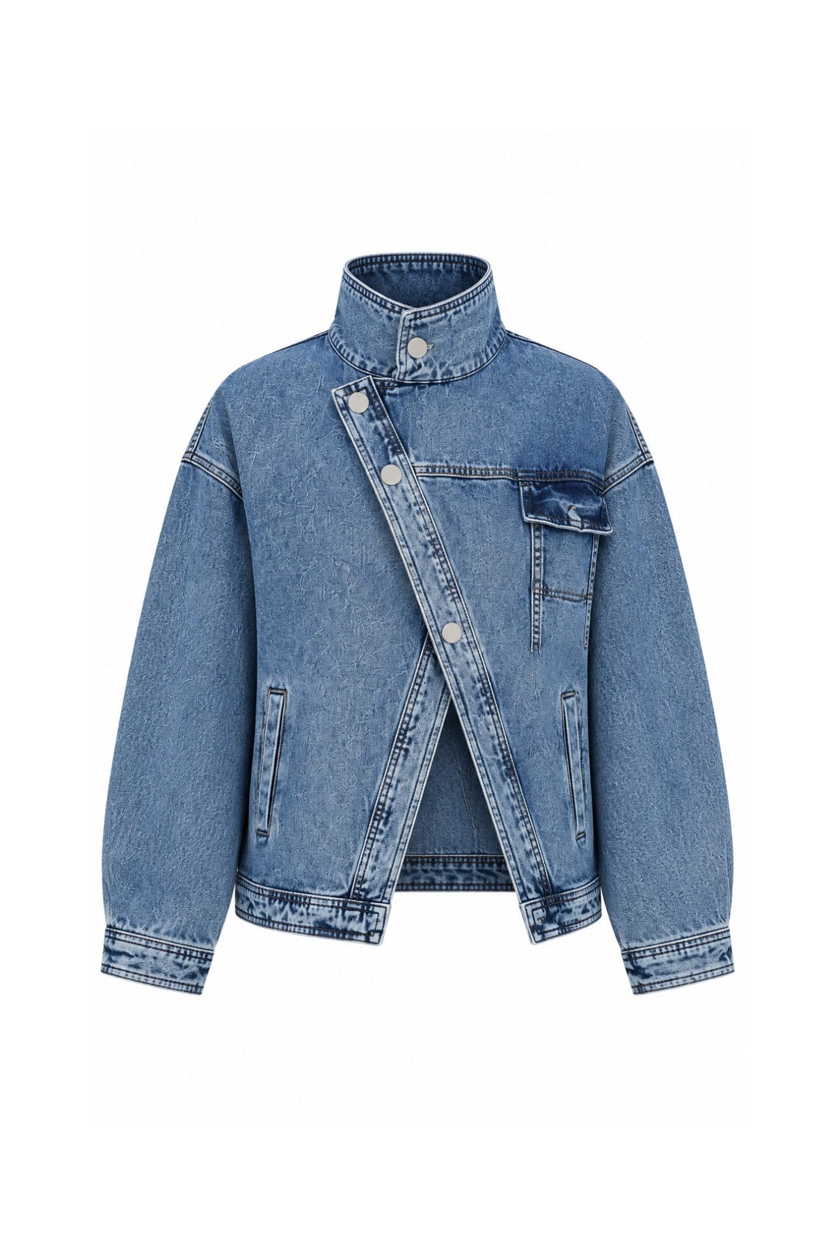Dik Yaka Asimetrik Düğme Detay Denim Ceket - Kahverengi