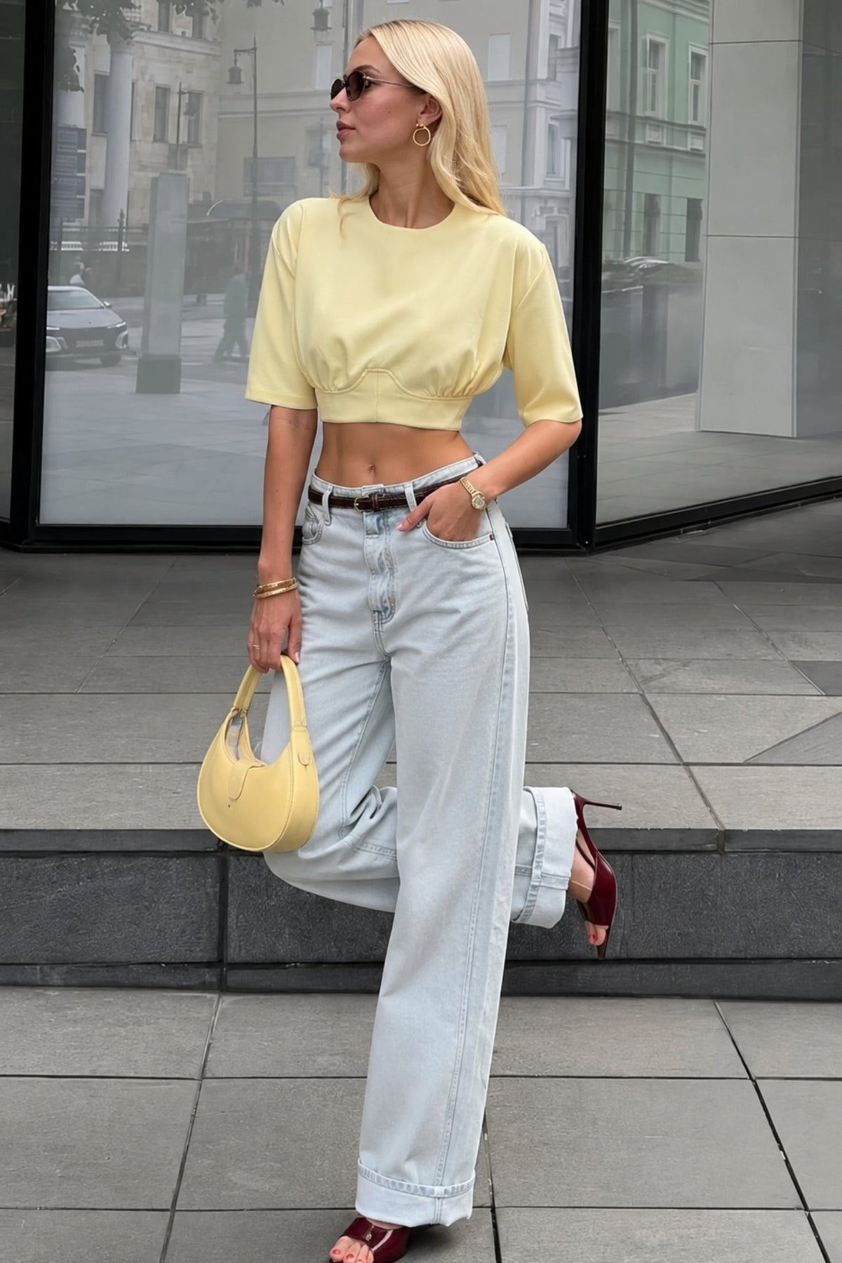 Bel Oturtmalı Crop T-Shirt - Mavi