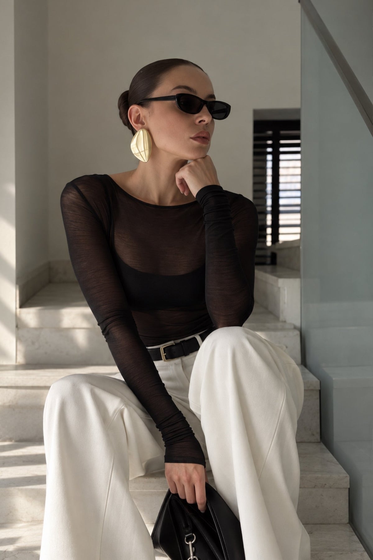 Boat Neck Sheer Blouse - Navy Blue