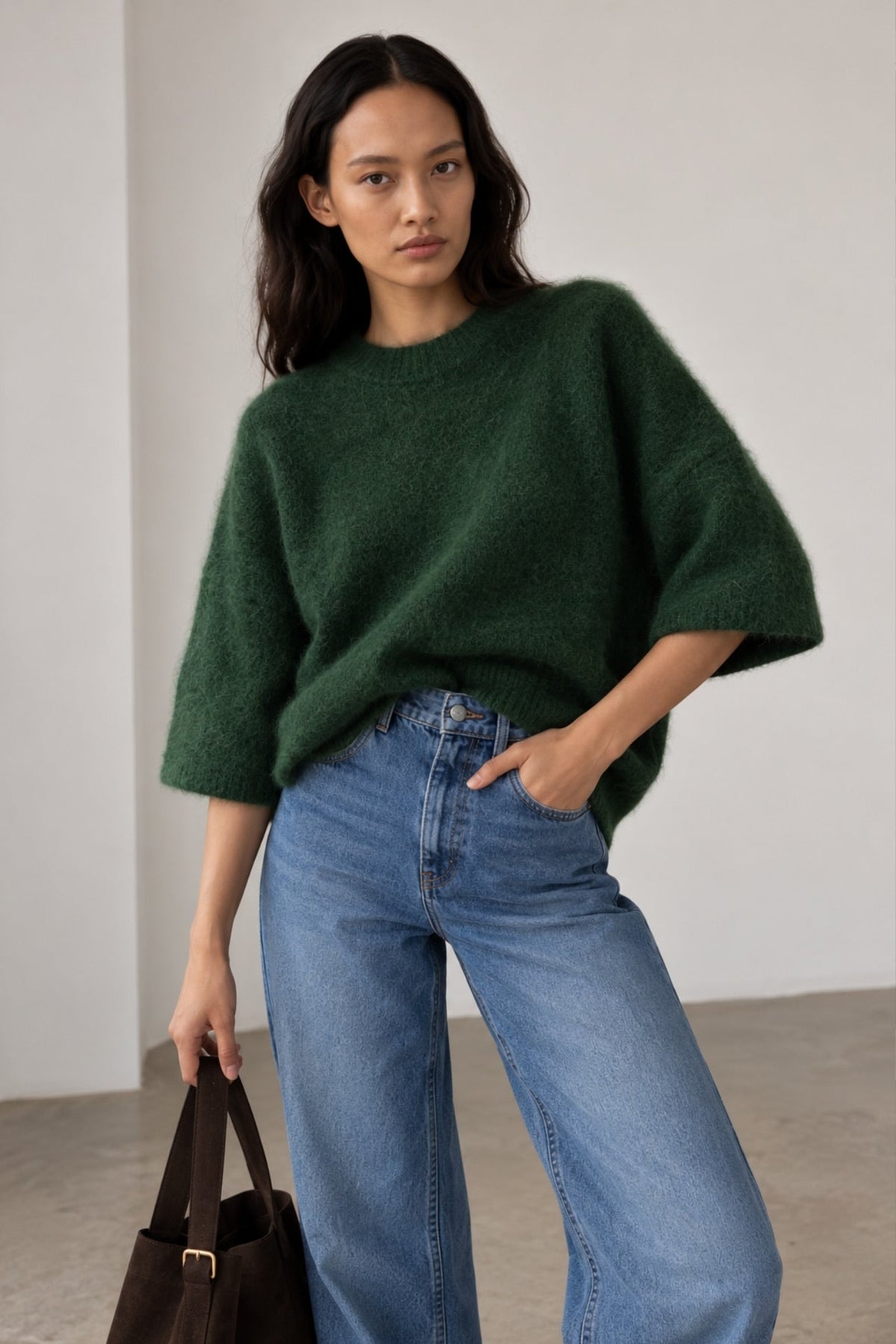 Bisiklet Yaka Oversize Dokulu Bluz - Beyaz