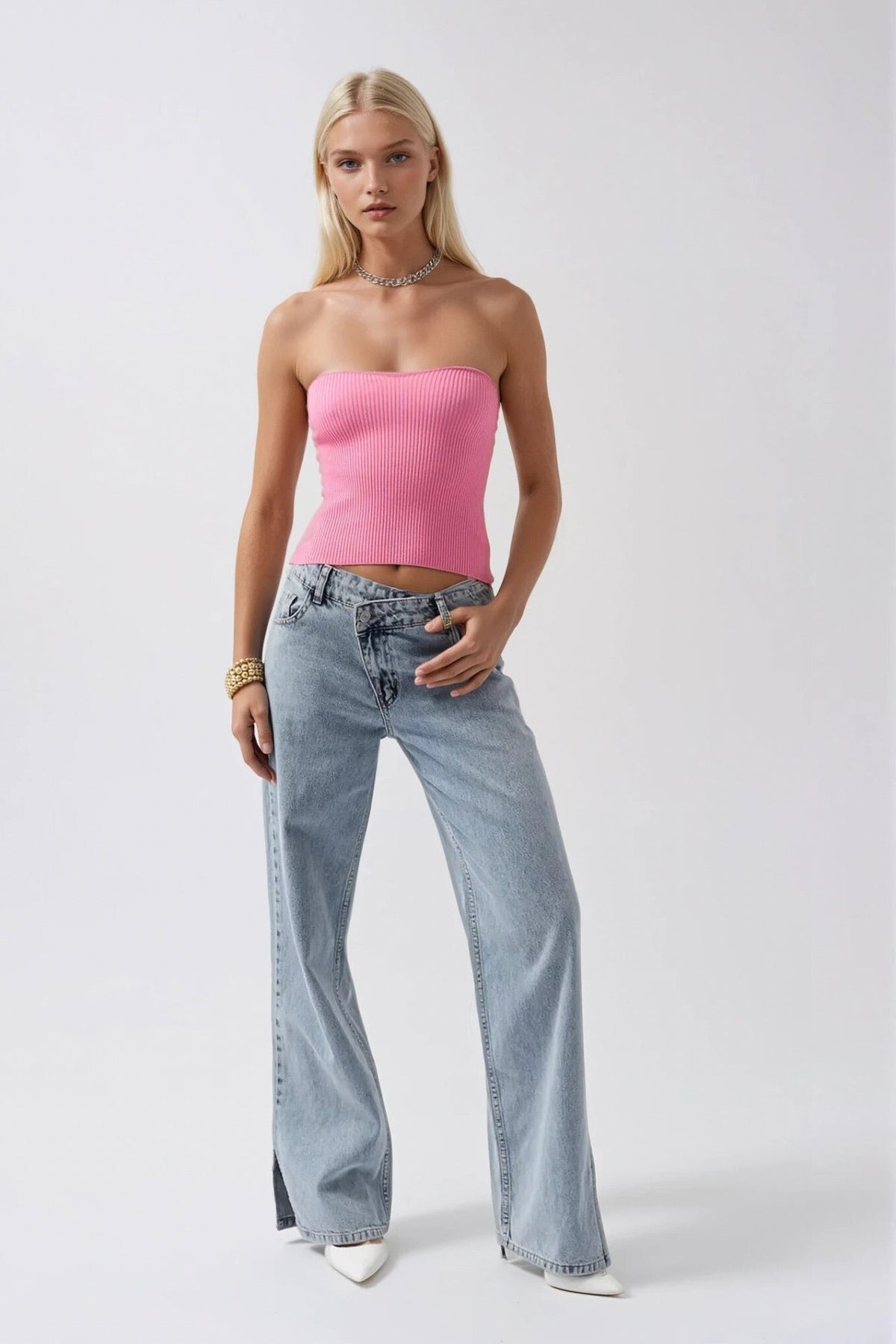 Straplez Dokulu Crop - Pembe